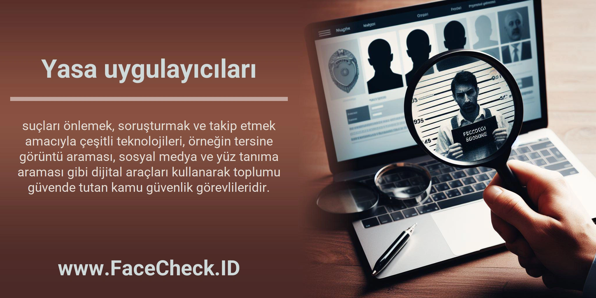 Yasa uygulayıcıları suçları önlemek, soruşturmak ve takip etmek amacıyla çeşitli teknolojileri, örneğin tersine görüntü araması, sosyal medya ve yüz tanıma araması gibi dijital araçları kullanarak toplumu güvende tutan kamu güvenlik görevlileridir.