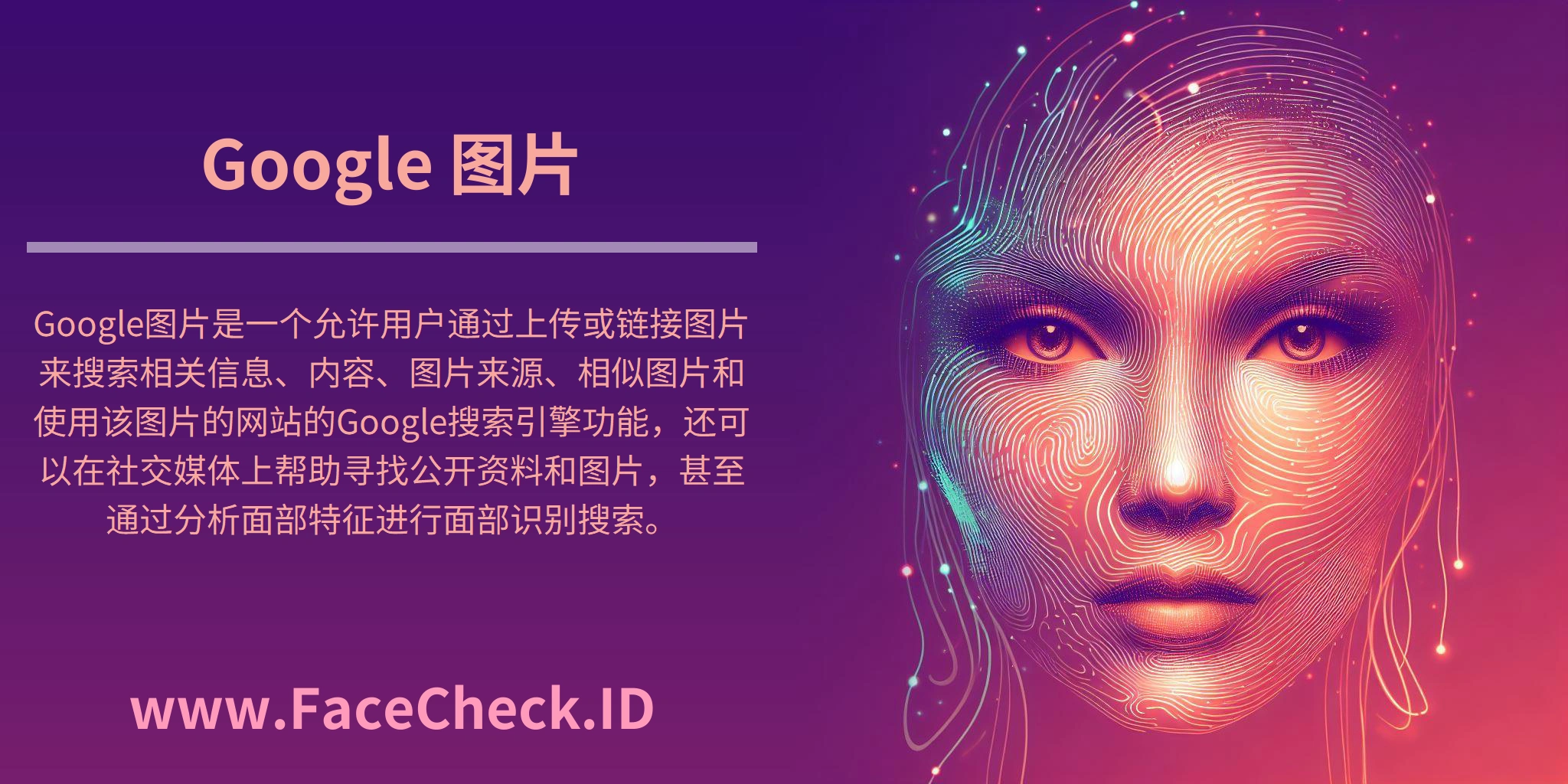 Google图片是一个允许用户通过上传或链接图片来搜索相关信息、内容、图片来源、相似图片和使用该图片的网站的Google搜索引擎功能，还可以在社交媒体上帮助寻找公开资料和图片，甚至通过分析面部特征进行面部识别搜索。