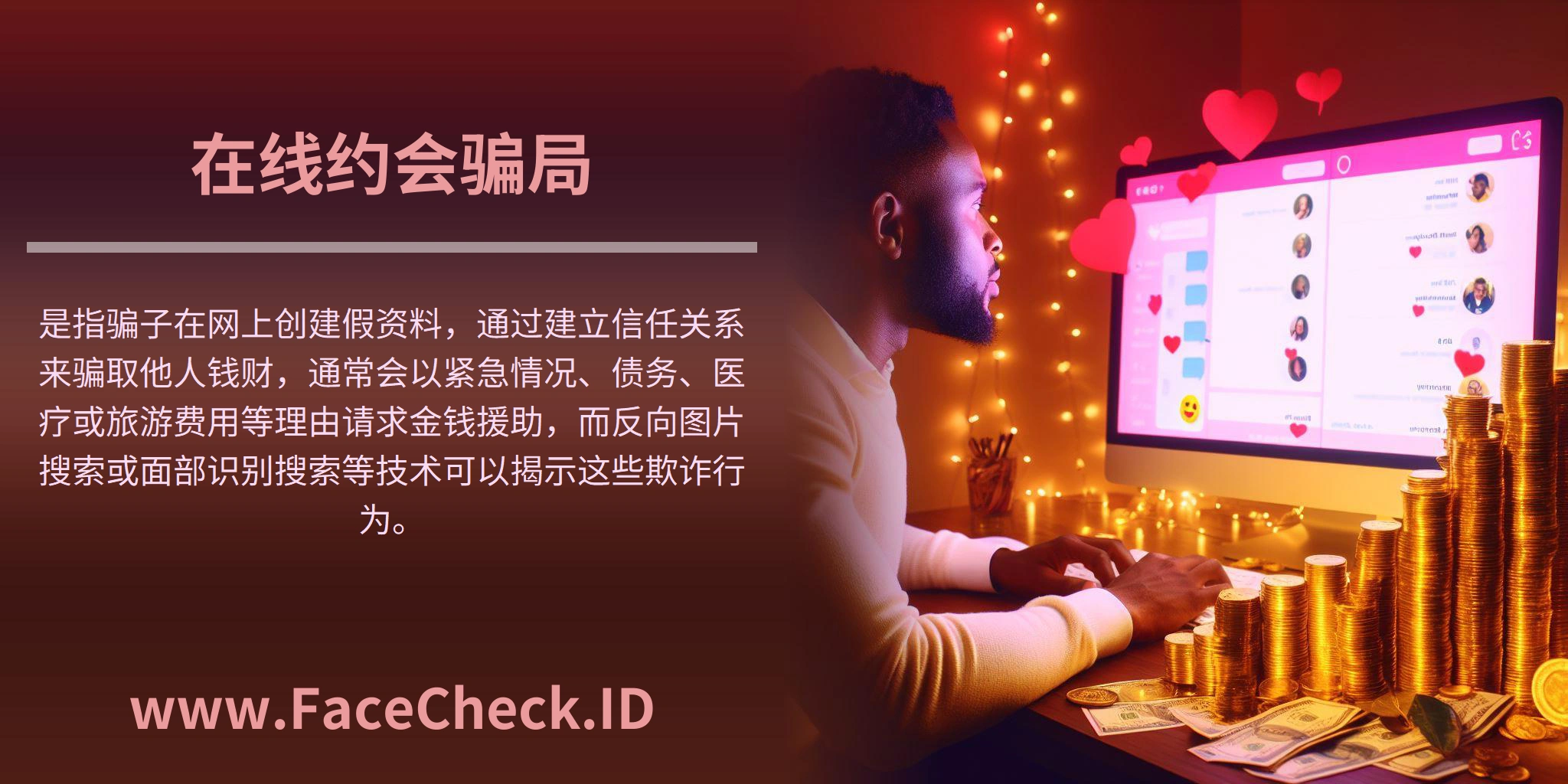 <b>在线约会骗局</b>是指骗子在网上创建假资料，通过建立信任关系来骗取他人钱财，通常会以紧急情况、债务、医疗或旅游费用等理由请求金钱援助，而反向图片搜索或面部识别搜索等技术可以揭示这些欺诈行为。