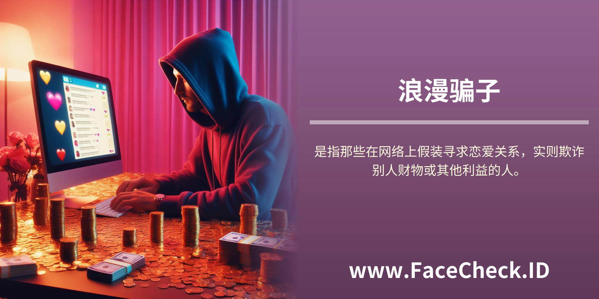 <b>浪漫骗子</b>是指那些在网络上假装寻求恋爱关系，实则欺诈别人财物或其他利益的人。