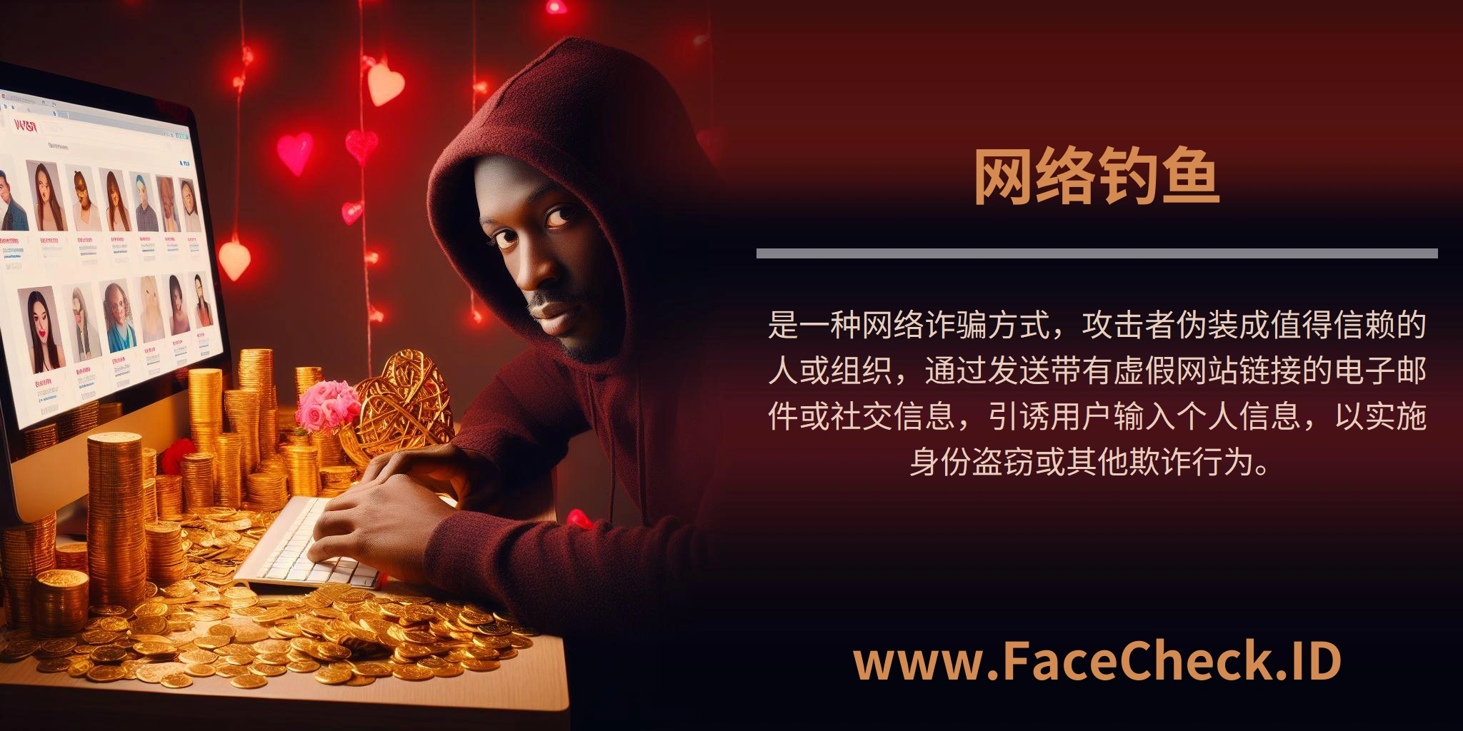 <b>网络钓鱼</b>是一种网络诈骗方式，攻击者伪装成值得信赖的人或组织，通过发送带有虚假网站链接的电子邮件或社交信息，引诱用户输入个人信息，以实施身份盗窃或其他欺诈行为。