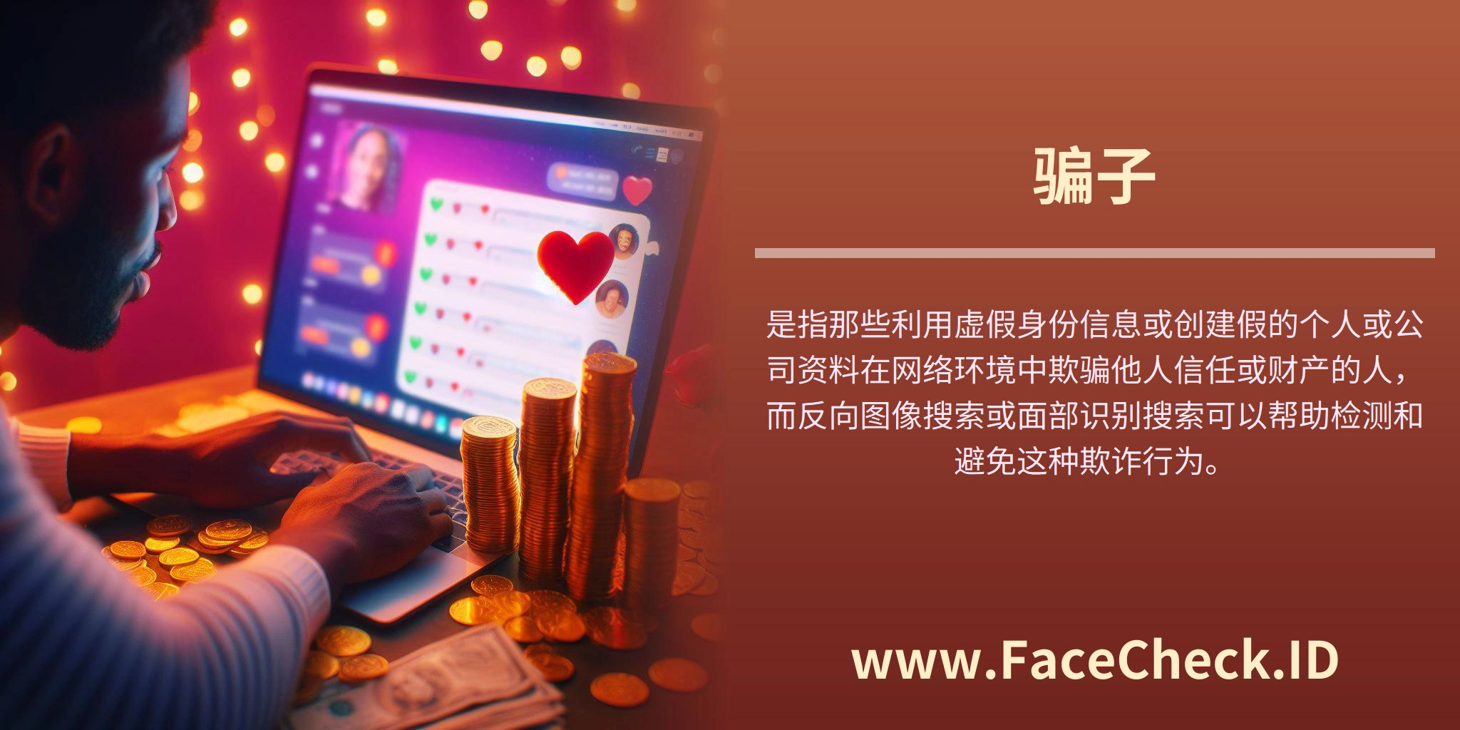 <b>骗子</b>是指那些利用虚假身份信息或创建假的个人或公司资料在网络环境中欺骗他人信任或财产的人，而反向图像搜索或面部识别搜索可以帮助检测和避免这种欺诈行为。