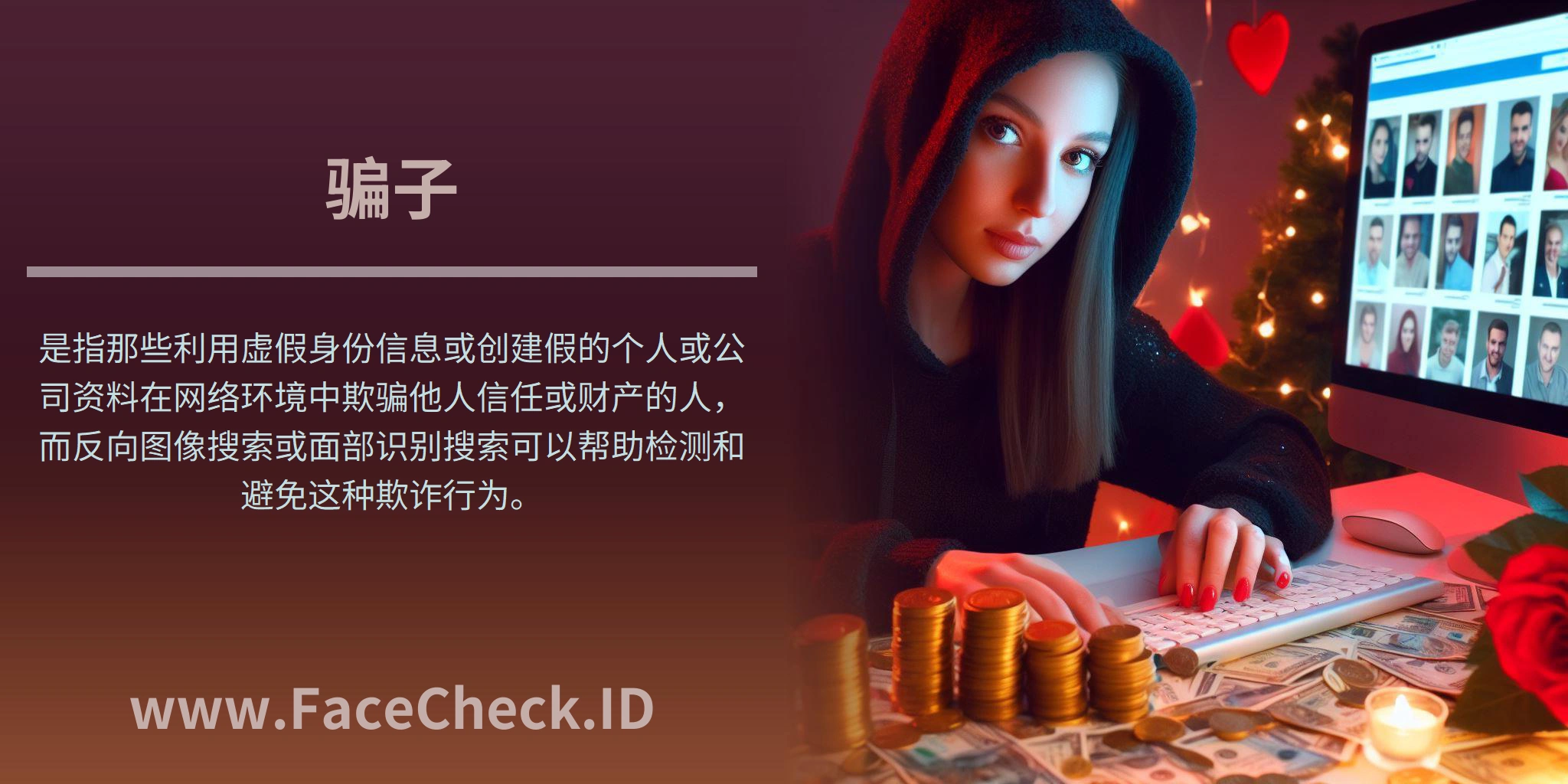 骗子是指那些利用虚假身份信息或创建假的个人或公司资料在网络环境中欺骗他人信任或财产的人，而反向图像搜索或面部识别搜索可以帮助检测和避免这种欺诈行为。