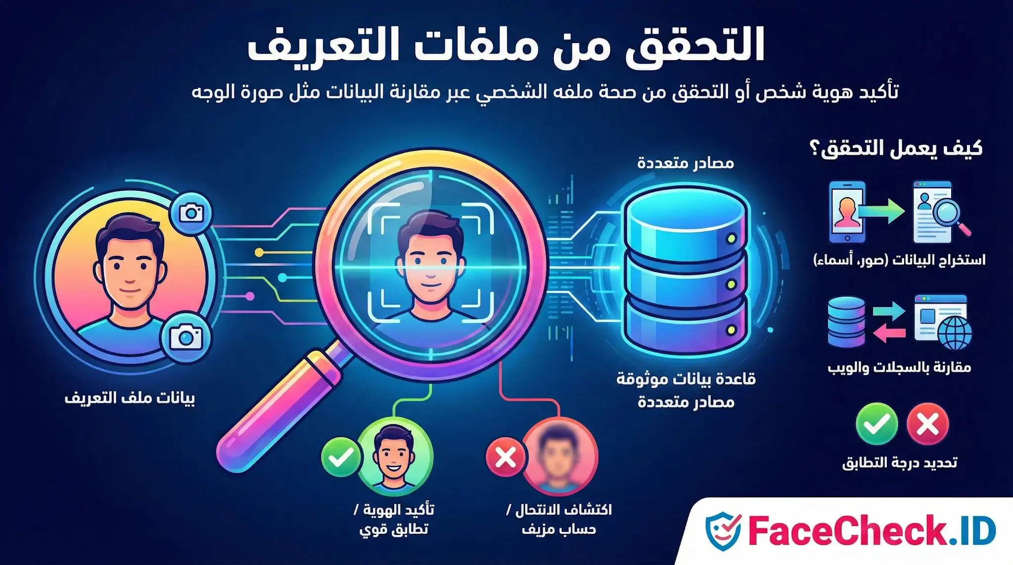إنفوجرافيك يشرح عملية التحقق من ملفات التعريف عبر مقارنة صورة الوجه والبيانات الشخصية بقواعد بيانات موثوقة لكشف الحسابات المزيفة وتأكيد الهوية.