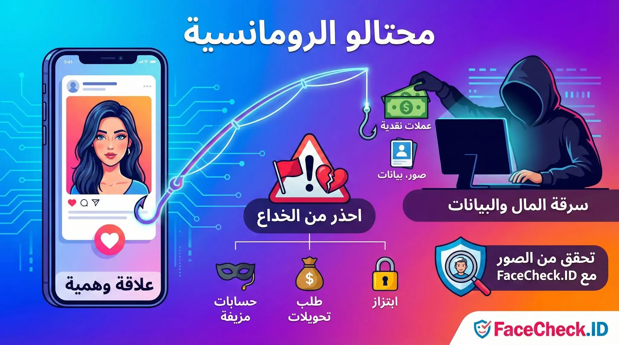 رسم توضيحي يحذر من محتالو الرومانسية عبر الإنترنت، يظهر علاقة وهمية من حسابات مزيفة تهدف لابتزاز وطلب تحويلات وسرقة المال والبيانات.