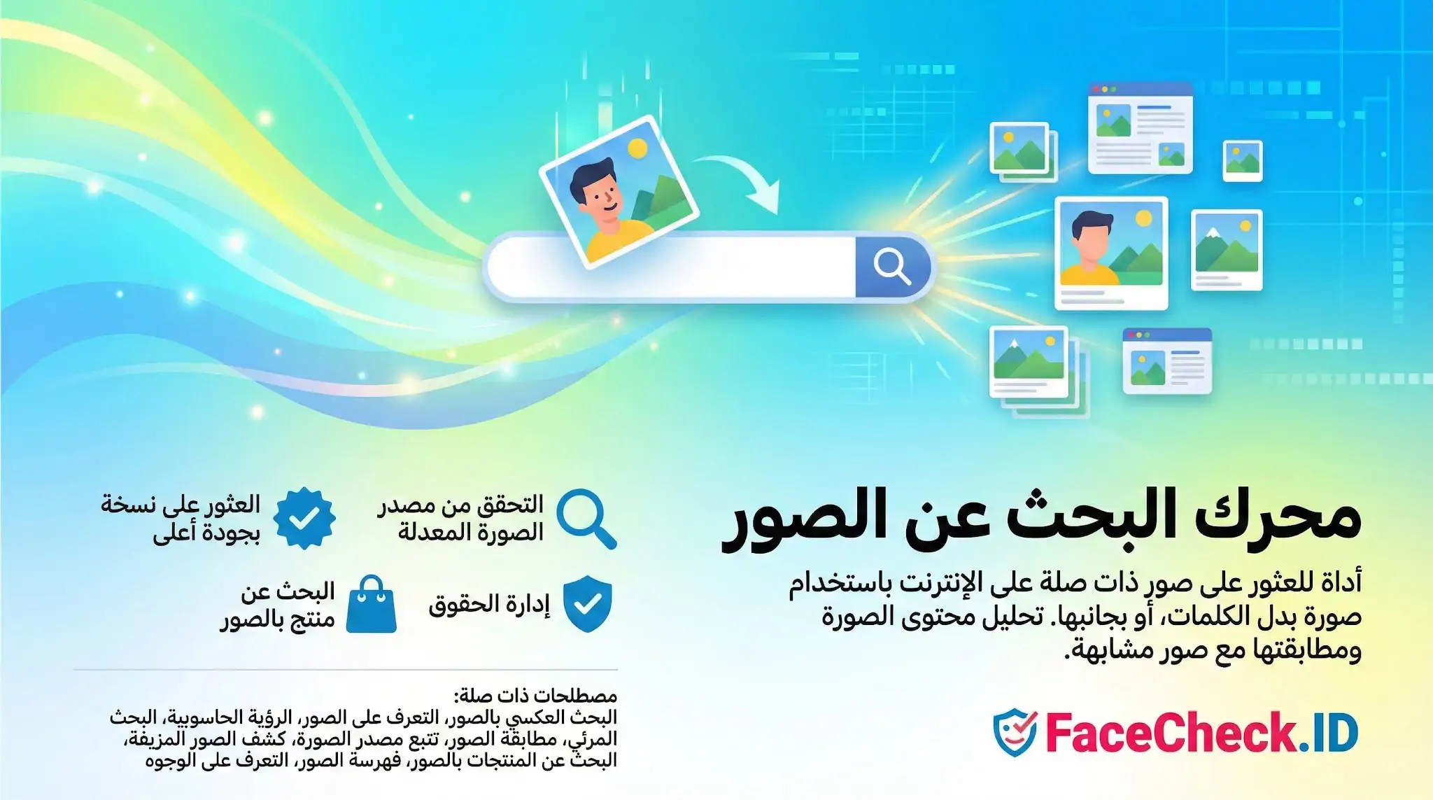رسم توضيحي يظهر آلية عمل محرك البحث عن الصور FaceCheck.ID حيث يتم رفع صورة للبحث عن نتائج مشابهة ومصادرها.