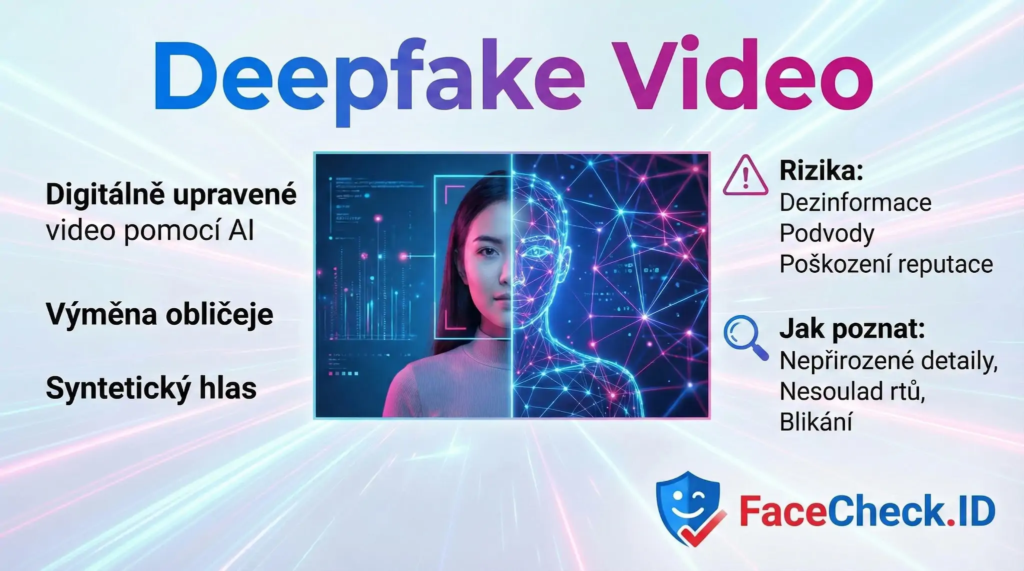 Infografika Deepfake Video vysvětluje AI úpravu, výměnu obličeje, syntetický hlas a rizika jako podvody.