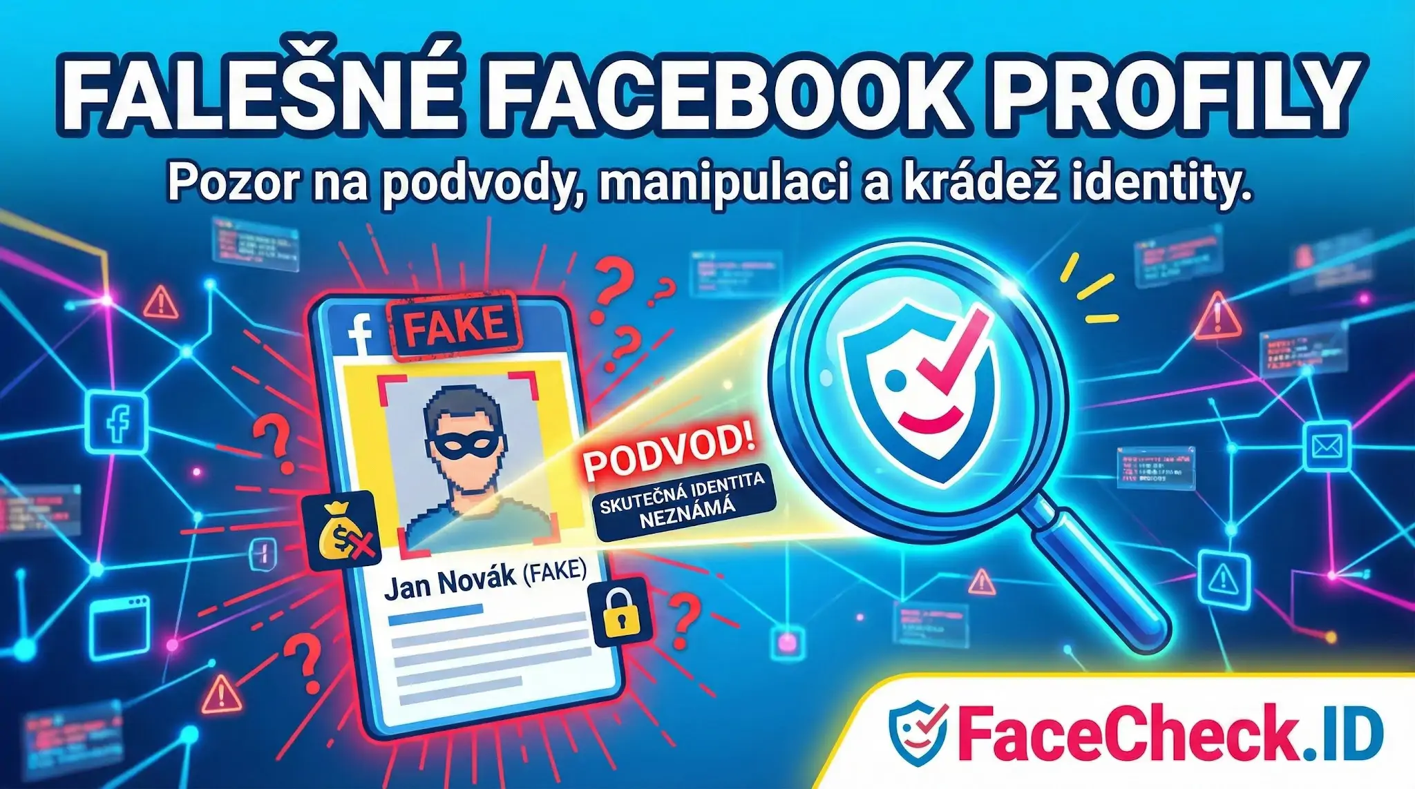 Infografika varující před nebezpečím, které představují falešné Facebook profily, podvody a krádež identity pomocí nástroje Facecheck.ID.
