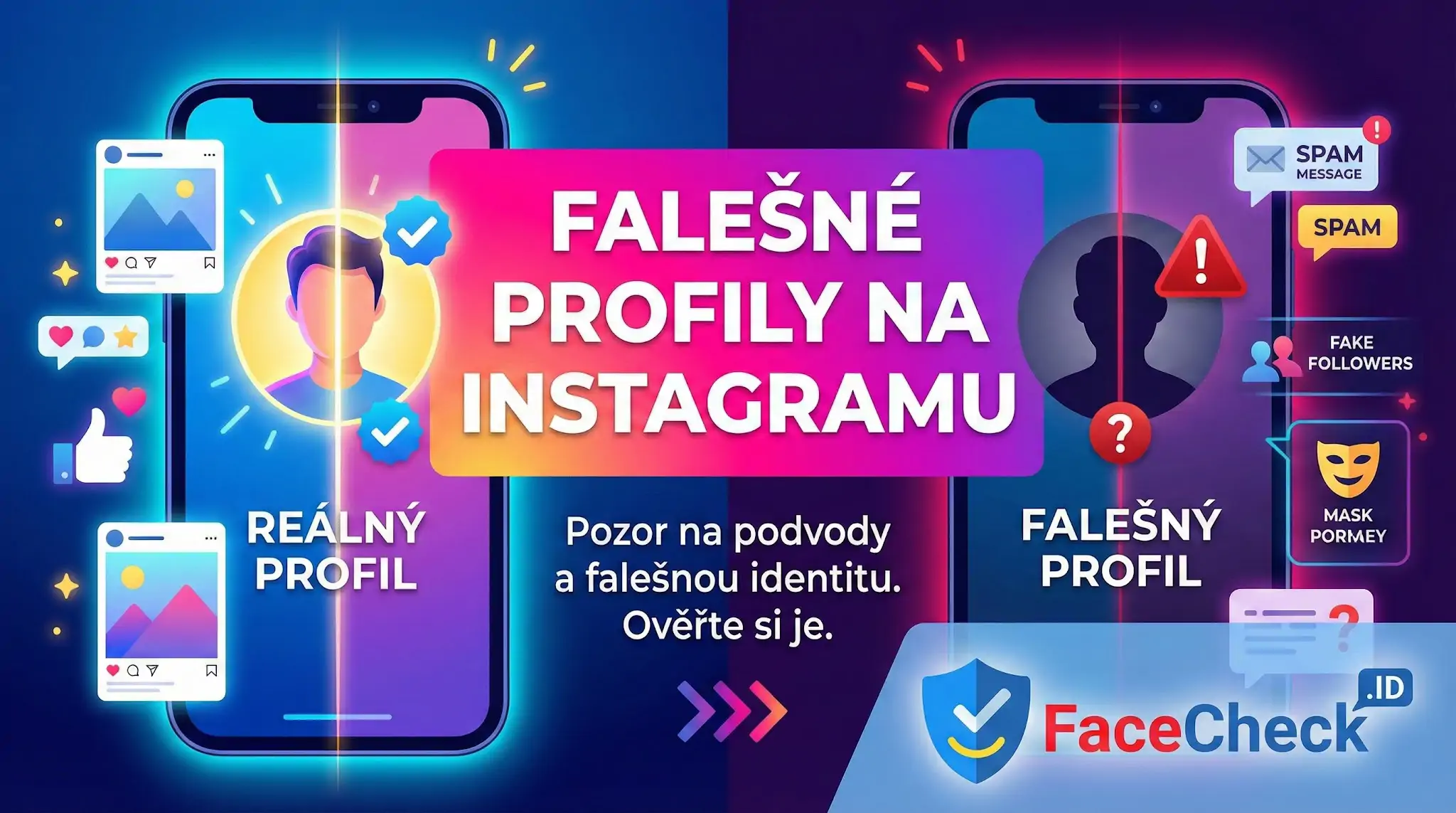 Falešné Profily Na Instagramu Grafika porovnávající reálný účet a Falešné Profily Na Instagramu, varující před podvody a falešnou identitou.