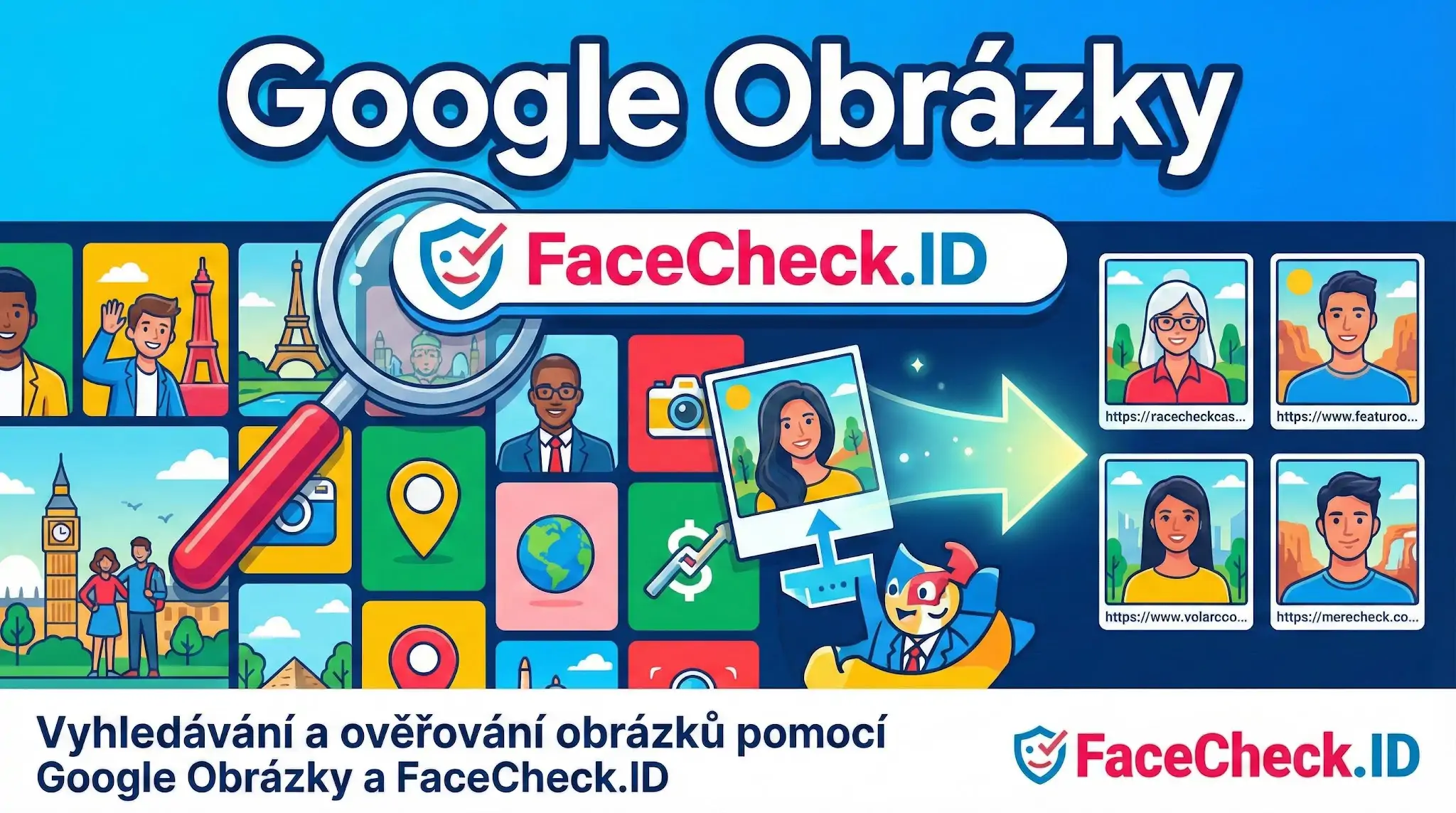 Lupa prohledává mřížku fotografií v nástroji Google Obrázky a šipka ukazuje na ověřené profily lidí v aplikaci FaceCheck.ID.