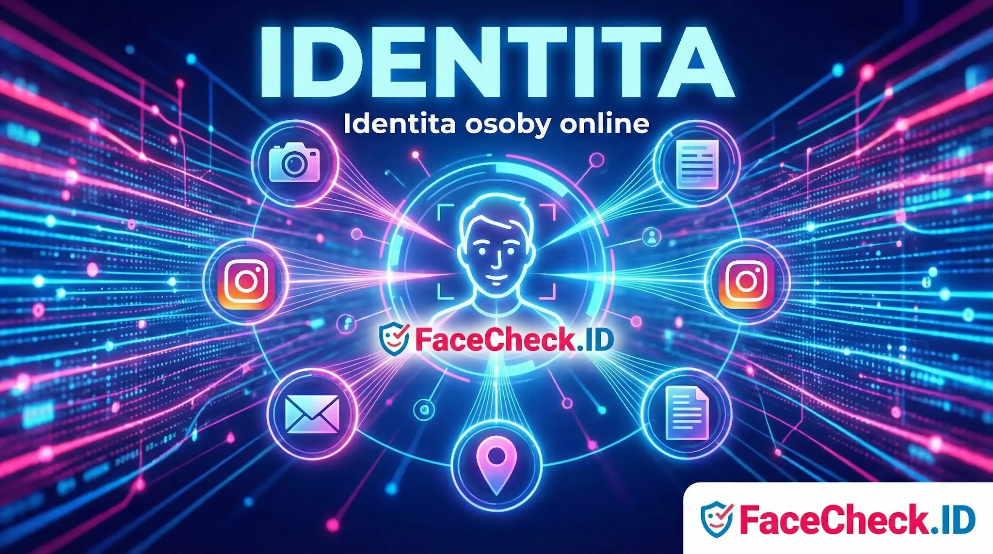 Digitální grafika webu FaceCheck.ID zobrazuje, jak se zjistí identita osoby online pomocí rozpoznání obličeje a propojení se sociálními sítěmi.
