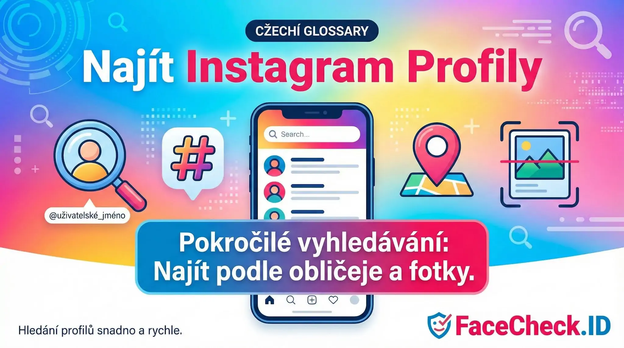 Jak najít Instagram profily: grafika ukazuje metody hledání podle uživatelského jména, hashtagu, polohy a pokročilé funkce hledání podle obličeje a fotky.