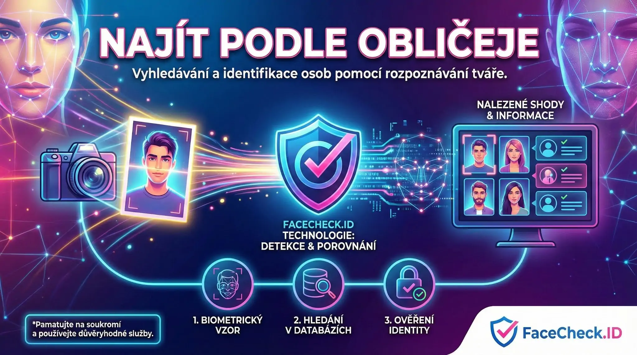 Najít Podle Obličeje Infografika vysvětlující jak najít podle obličeje pomocí technologie FaceCheck.ID, která skenuje fotku, vytváří biometrický vzor a vyhledává shody v databázích.
