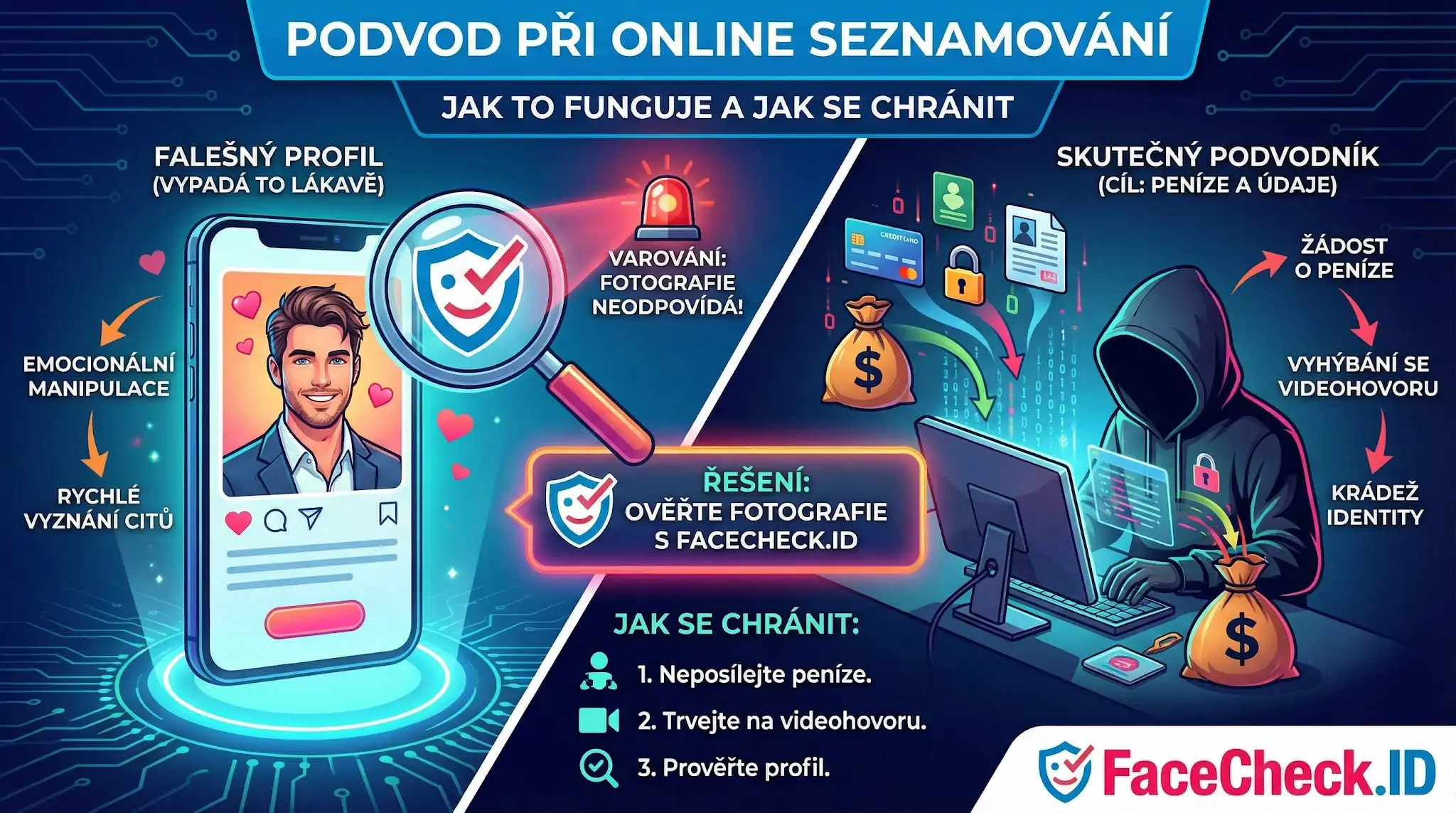 Podvod Při Online Seznamování Infografika ukazující podvod při online seznamování: vlevo falešný atraktivní profil na mobilu, vpravo skutečný podvodník u počítače, který krade identitu a žádá o peníze.