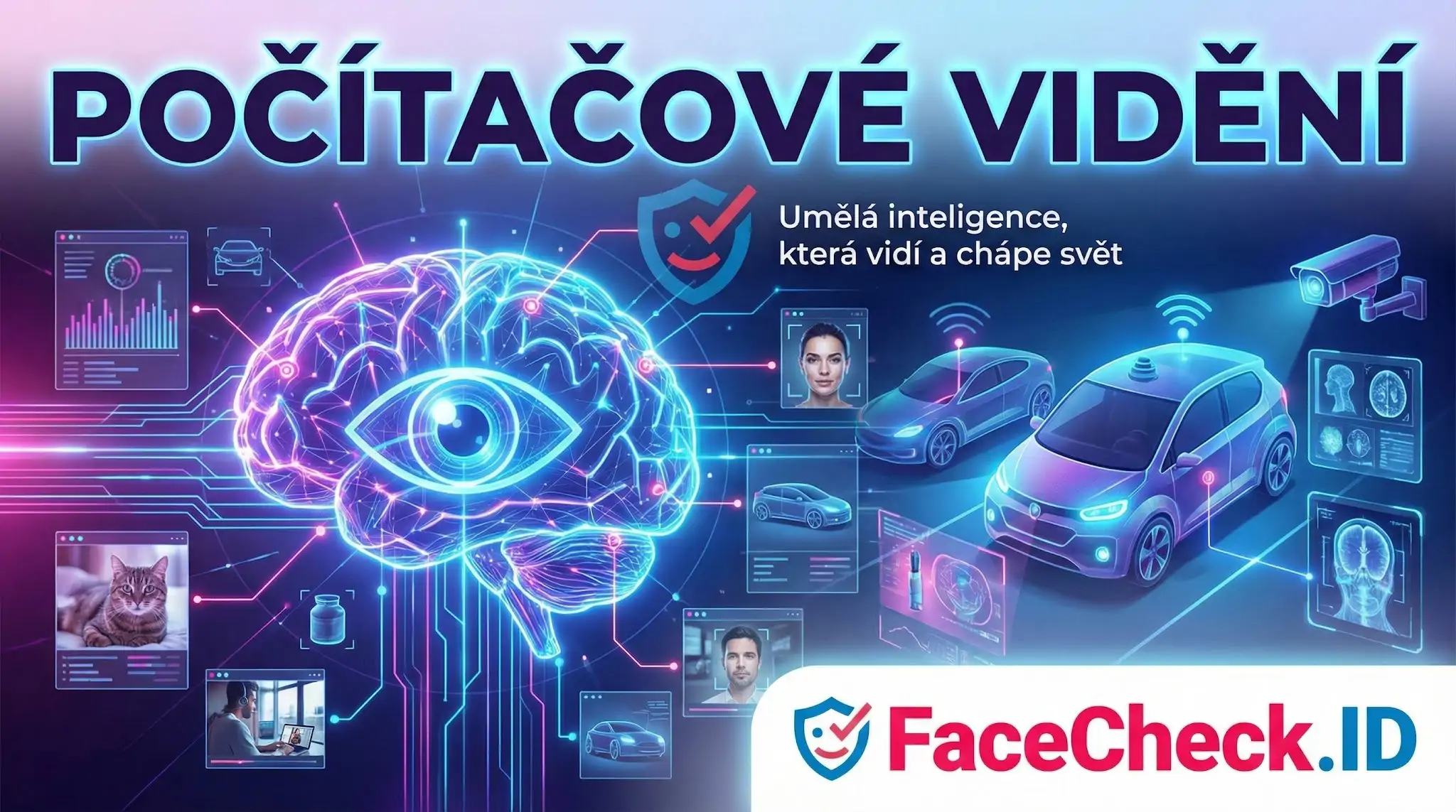 Futuristická ilustrace mozku s okem ukazuje Počítačové vidění jako AI, která chápe svět skrze auta a kamery.