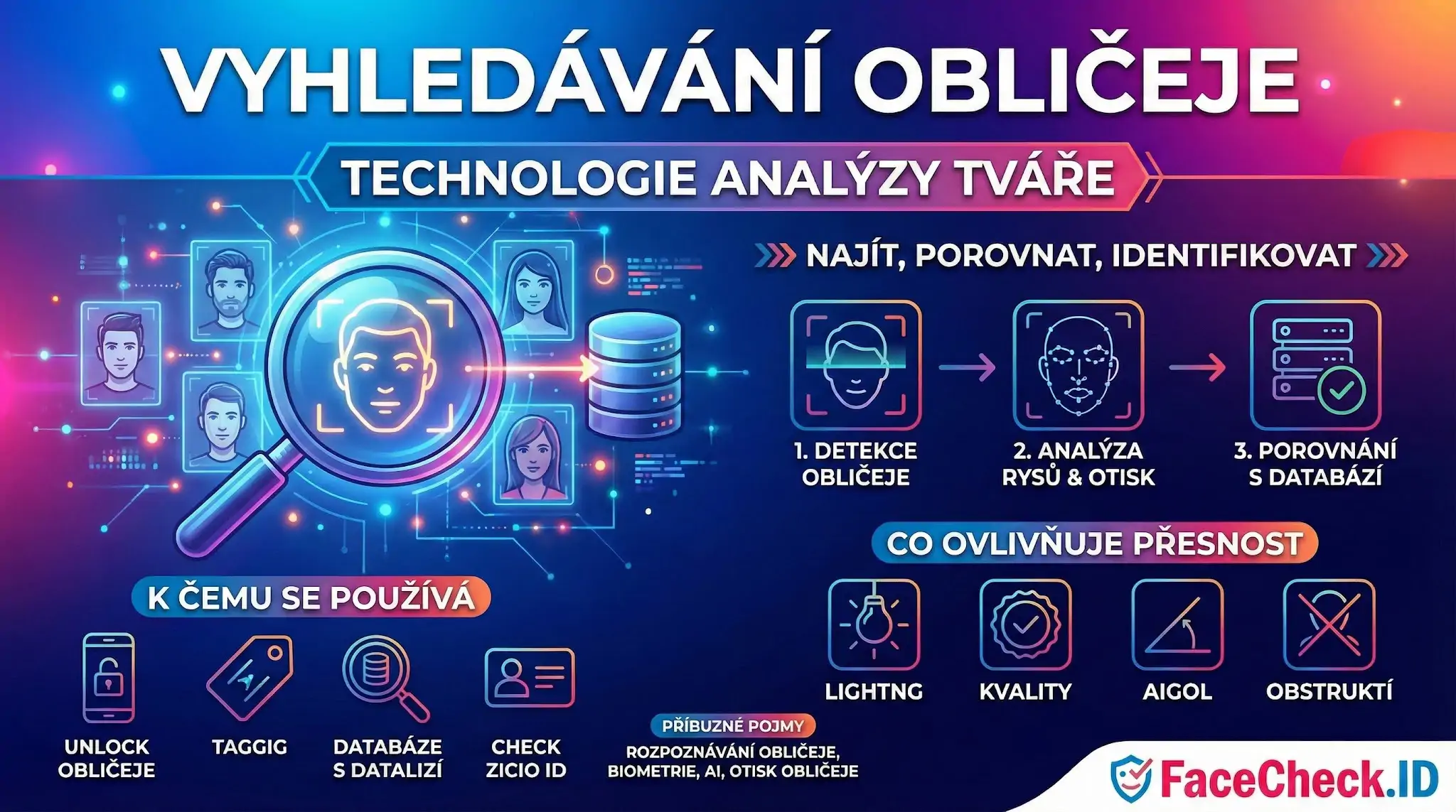 Vyhledávání Obličeje Infografika technologie vyhledávání obličeje vysvětluje proces detekce, analýzy a porovnání tváře s databází od FaceCheck.ID.