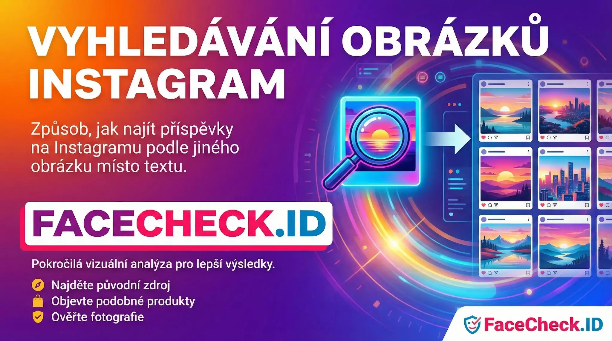 Vyhledávání Obrázků Instagram Grafika propagující FaceCheck.ID pro vyhledávání obrázků Instagram. Zobrazuje lupu nad fotkou, která najde podobné příspěvky.