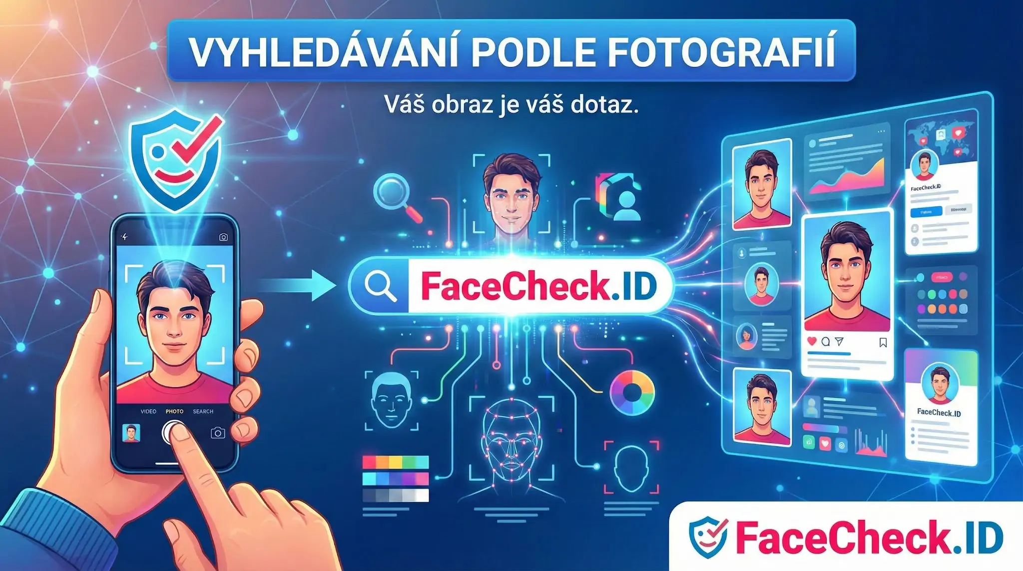 Infografika pro vyhledávání podle fotografií FaceCheck.ID, kde se fotka z mobilu nahrává k ověření identity osoby.