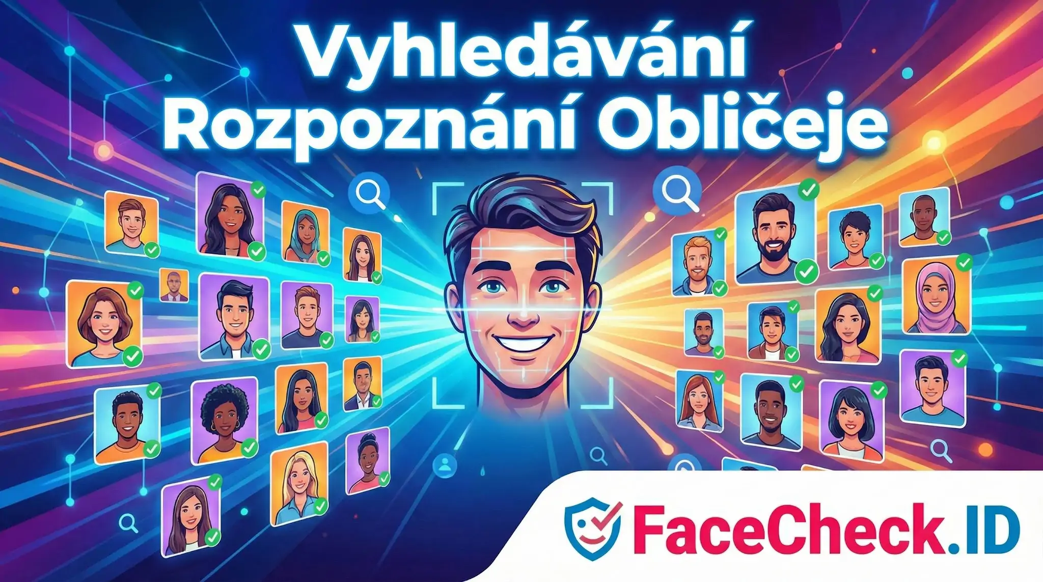 Grafika znázorňující skenování tváře uprostřed sítě profilových fotek. Text Vyhledávání Rozpoznání Obličeje a logo FaceCheck.ID.