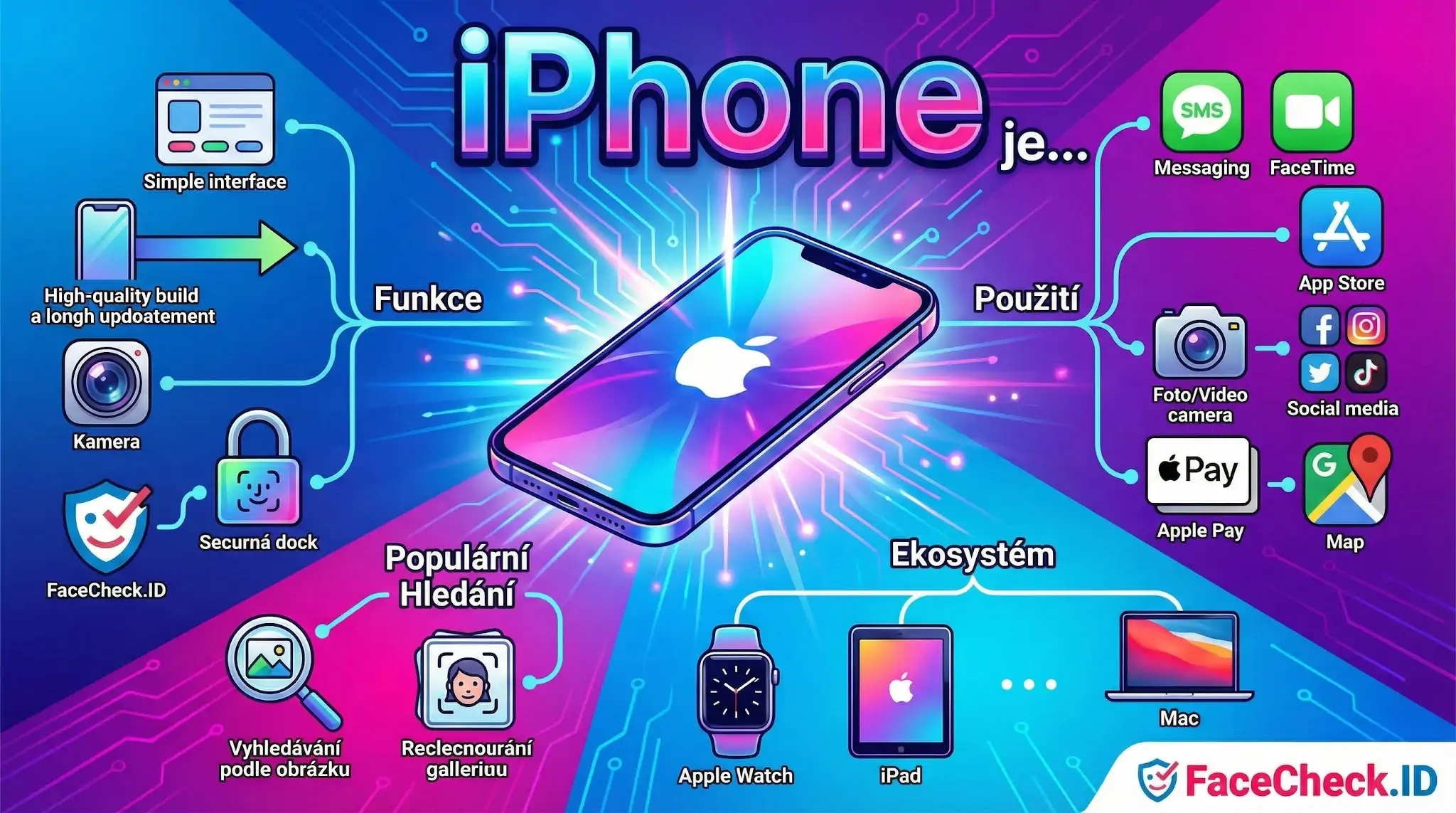 Infografika s iPhone znázorňující jeho funkce, aplikace, sociální sítě, Apple Pay a propojení s ekosystémem Apple produktů.
