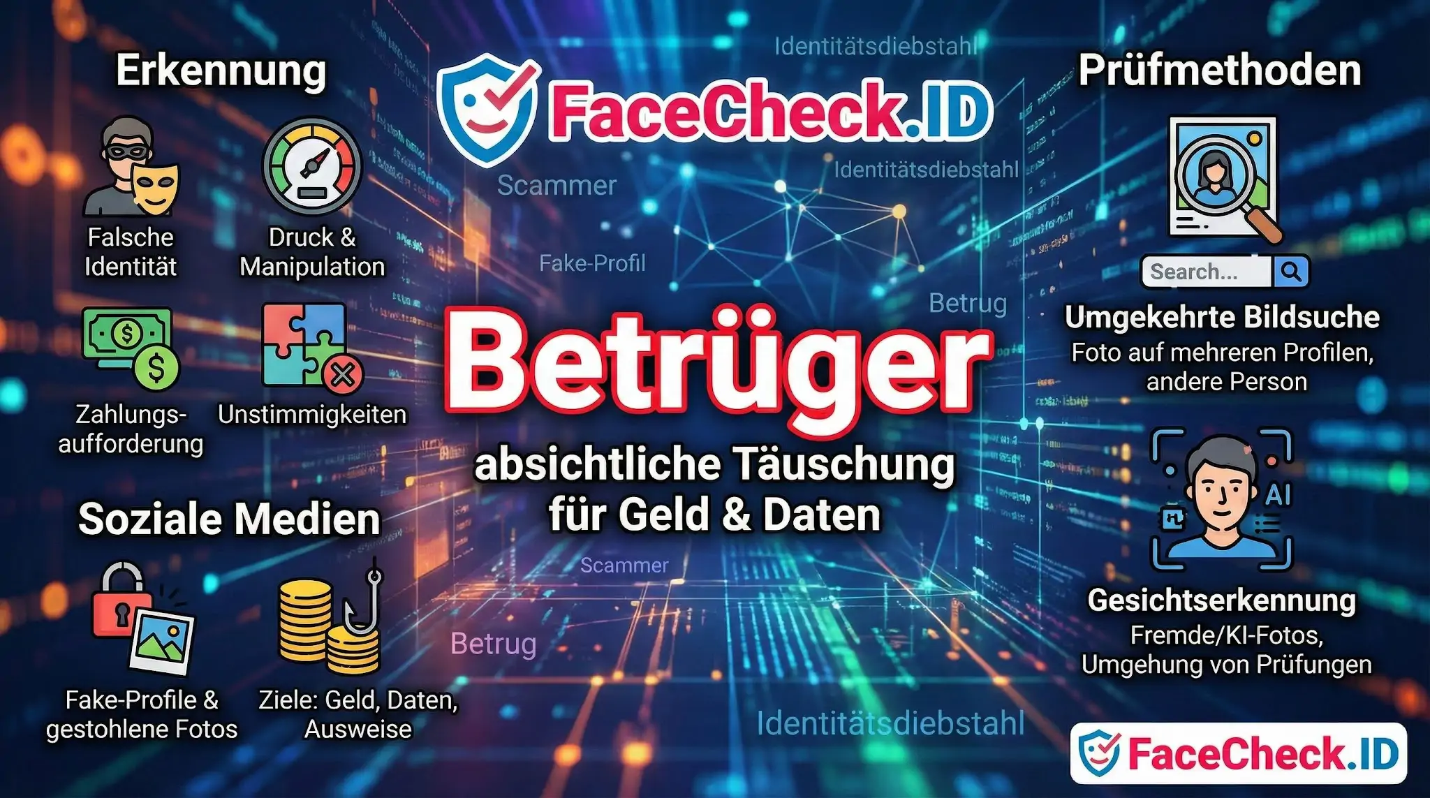 Infografik über Betrüger und Online-Scamming: Merkmale wie falsche Identitäten und Methoden zur Erkennung mit FaceCheck.ID.