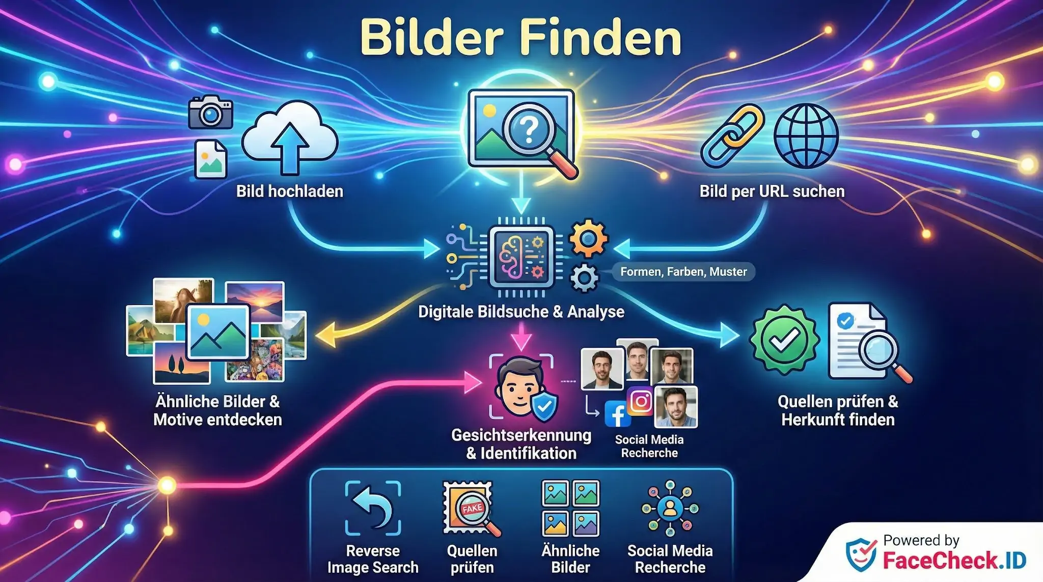 Infografik zur Option ‚Bilder finden‘: Zeigt den Prozess vom Hochladen über die Analyse bis zur Rückwärtssuche und Identifikation.