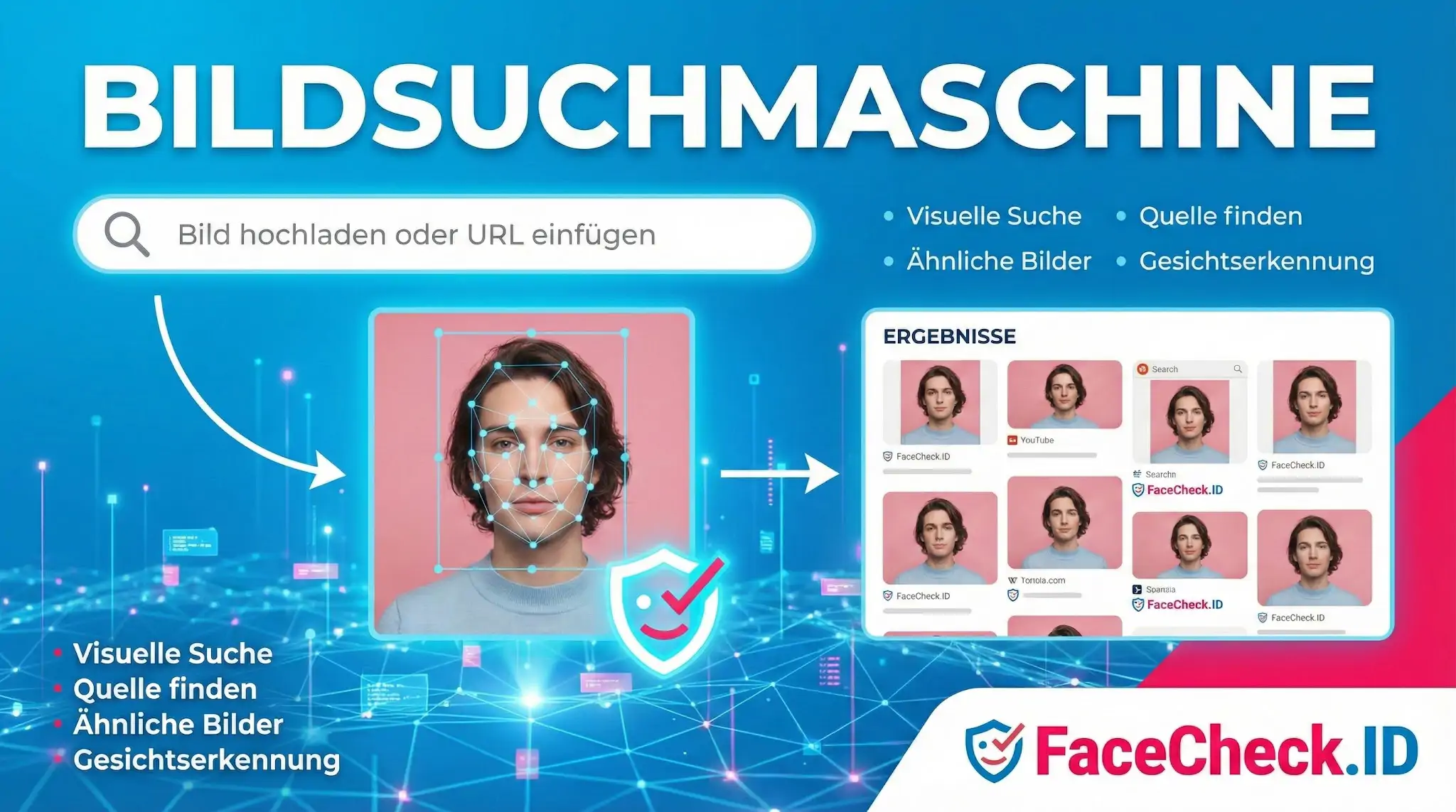 FaceCheck.ID Bildsuchmaschine zur Gesichtserkennung, zeigt den Prozess vom Foto-Upload bis zu den Suchergebnissen.