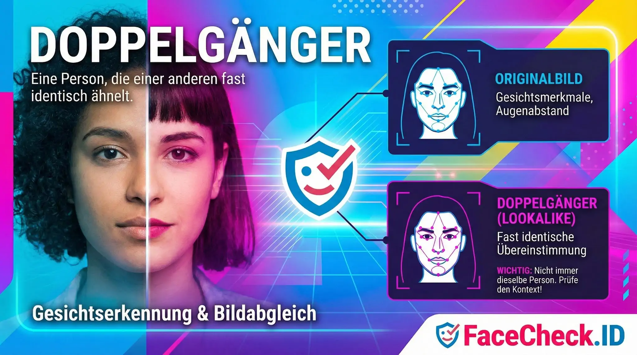 Infografik über Doppelgänger und Gesichtserkennung: Ein geteiltes Gesichtsprofil zeigt Ähnlichkeiten, ergänzt durch Diagramme zum biometrischen Bildabgleich.