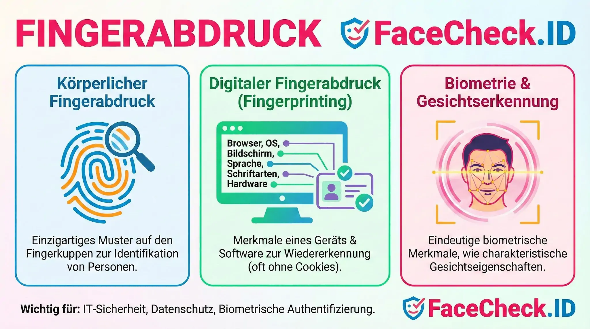 Infografik erklärt den Fingerabdruck in drei Arten: körperlich, digitales Gerät-Fingerprinting und biometrische Gesichtserkennung.
