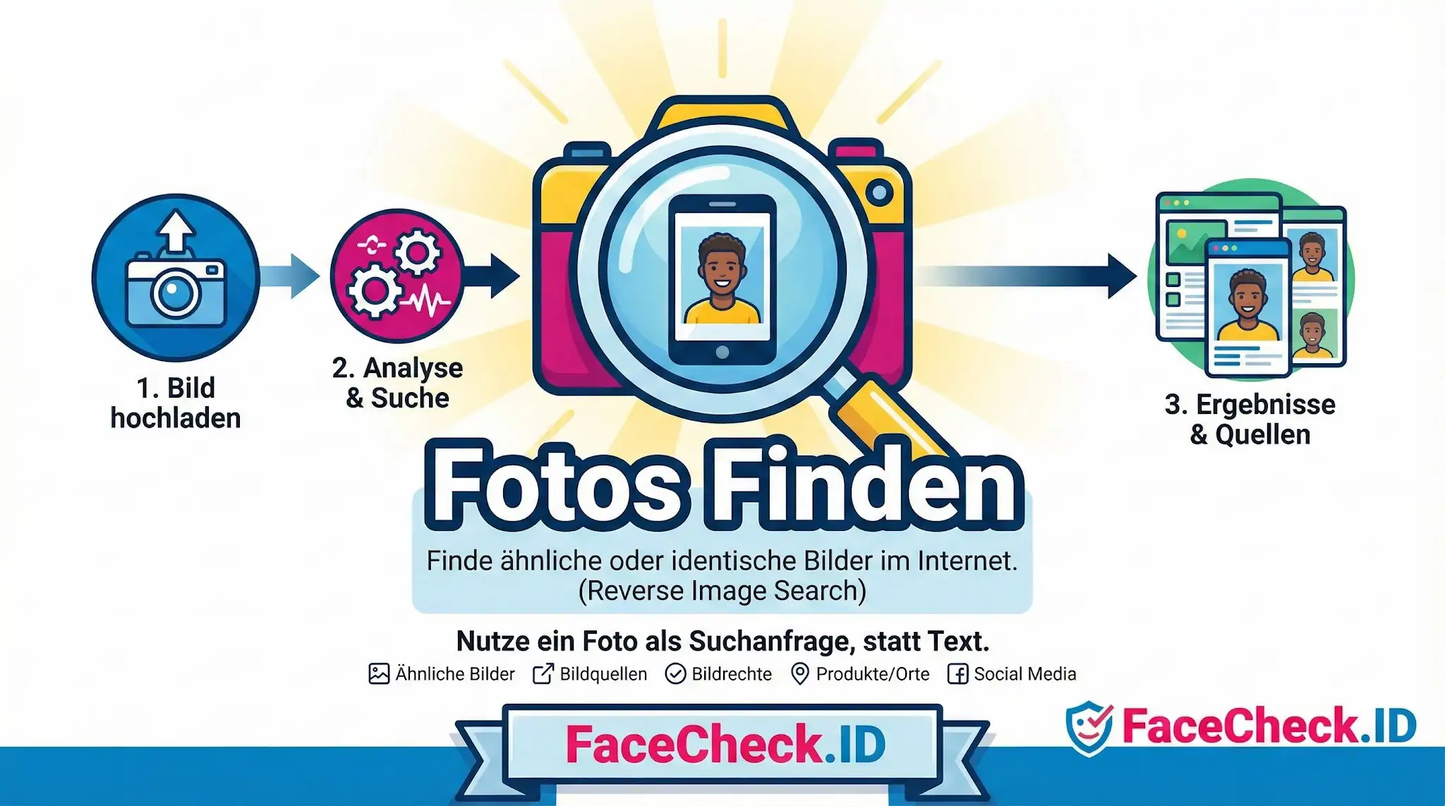 Infografik zum Prozess Fotos Finden durch Rückwärtssuche: Bild hochladen, Analyse starten und ähnliche Bilder sowie Quellen im Internet entdecken.