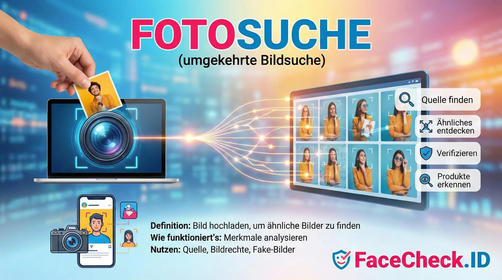 Grafik zur umgekehrten Fotosuche: Bild hochladen, um ähnliche Fotos zu finden, Quellen zu prüfen und Bilder mit FaceCheck.ID zu verifizieren.