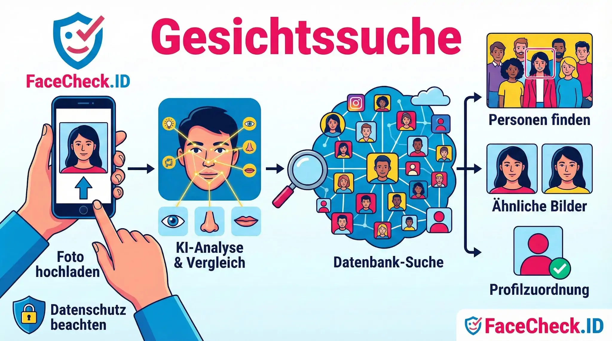 Infografik zur Gesichtssuche von FaceCheck.ID, die den Prozess vom Foto-Upload, über die KI-Analyse und Datenbanksuche bis zum Finden von Personen zeigt.