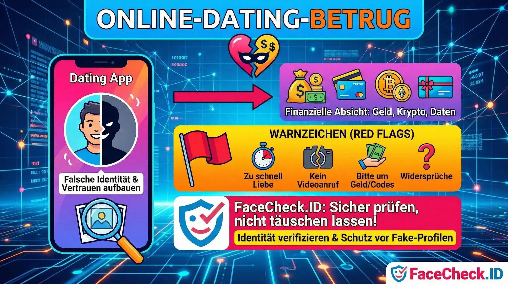Infografik zu Online-Dating-Betrug: Zeigt Warnzeichen (Red Flags) wie Geld-Bitten, falsche Identitäten und schlägt FaceCheck.ID zur Überprüfung vor.