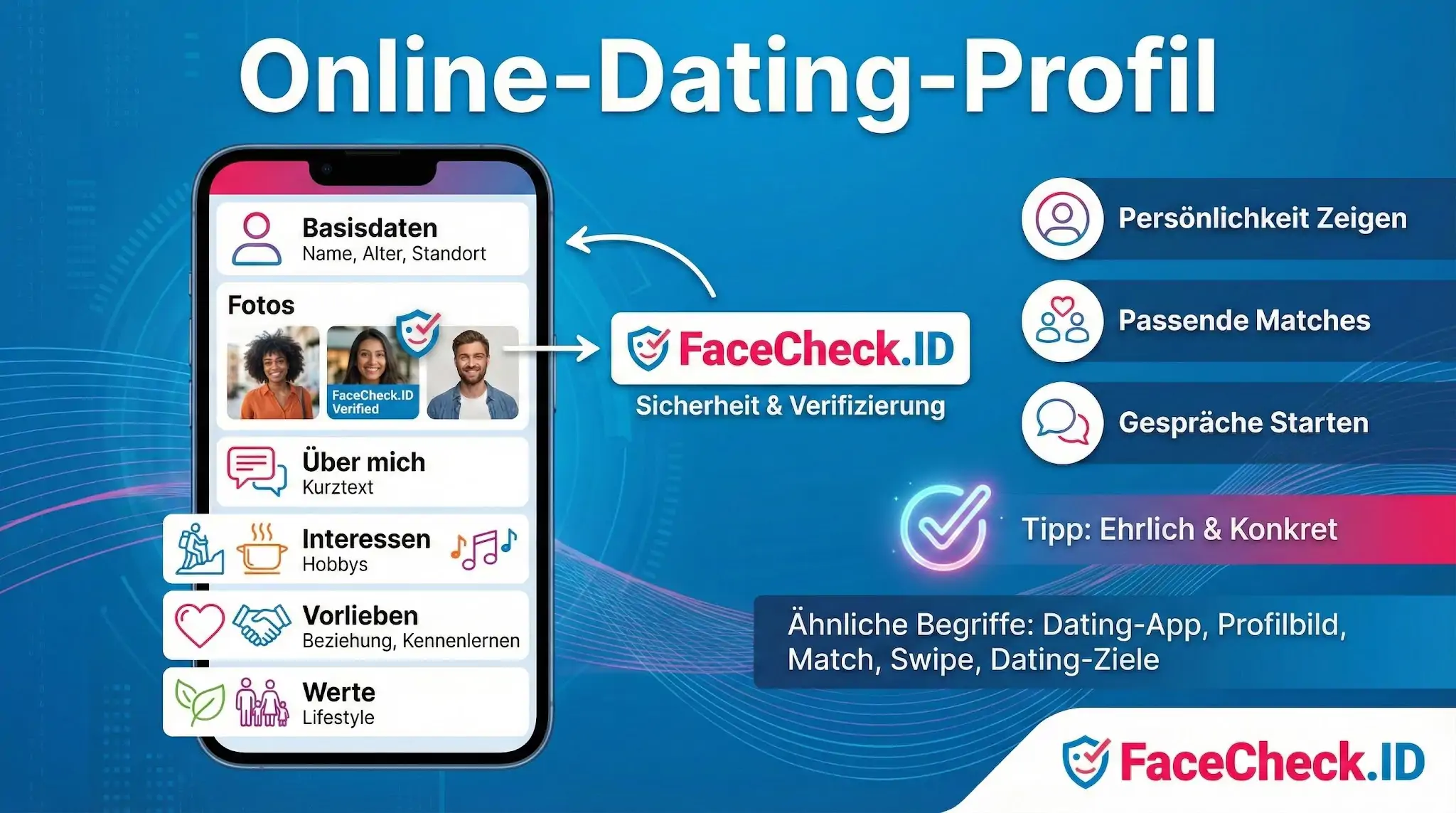 Infografik zum Optimieren von Online-Dating-Profilen: Tipps für Fotos, Text und Sicherheit durch FaceCheck.ID.