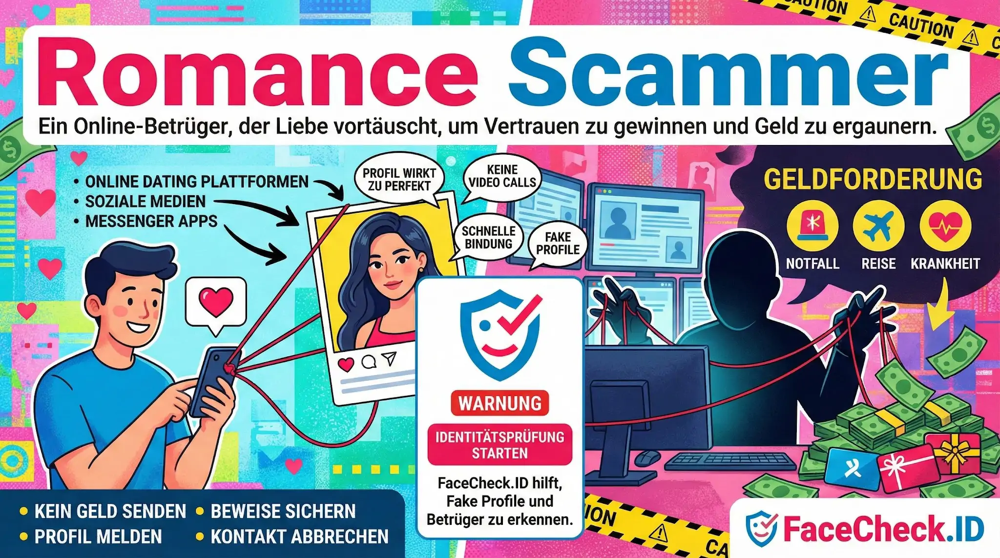 Infografik erklärt Romance Scammer: Betrüger täuschen mit Fake-Profilen Liebe vor, um über Geldforderungen Nutzer finanziell auszubeuten.