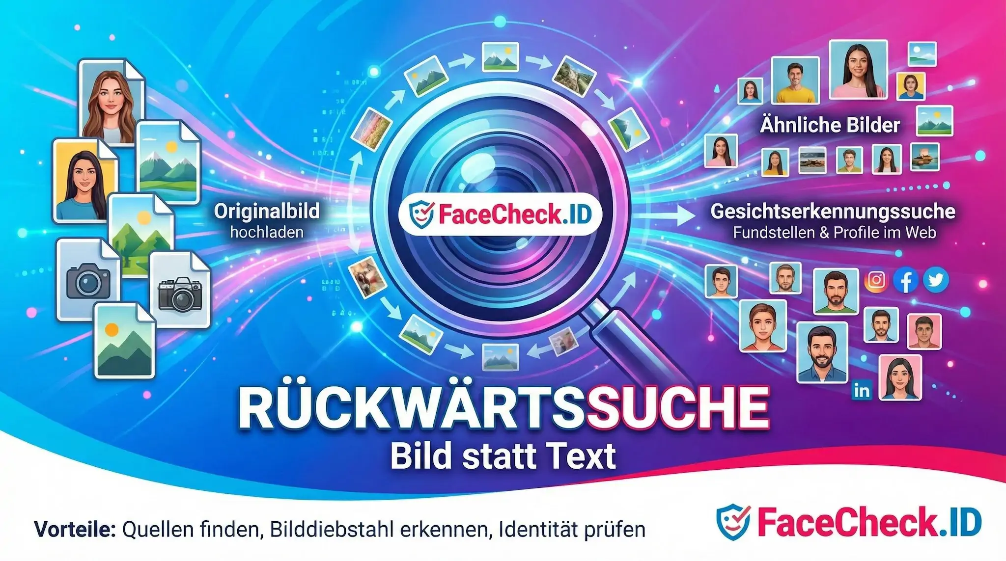 Grafik zur FaceCheck.ID Rückwärtssuche: Bilder hochladen, um per Gesichtserkennung ähnliche Fotos, Quellen und Web-Profile zu finden.