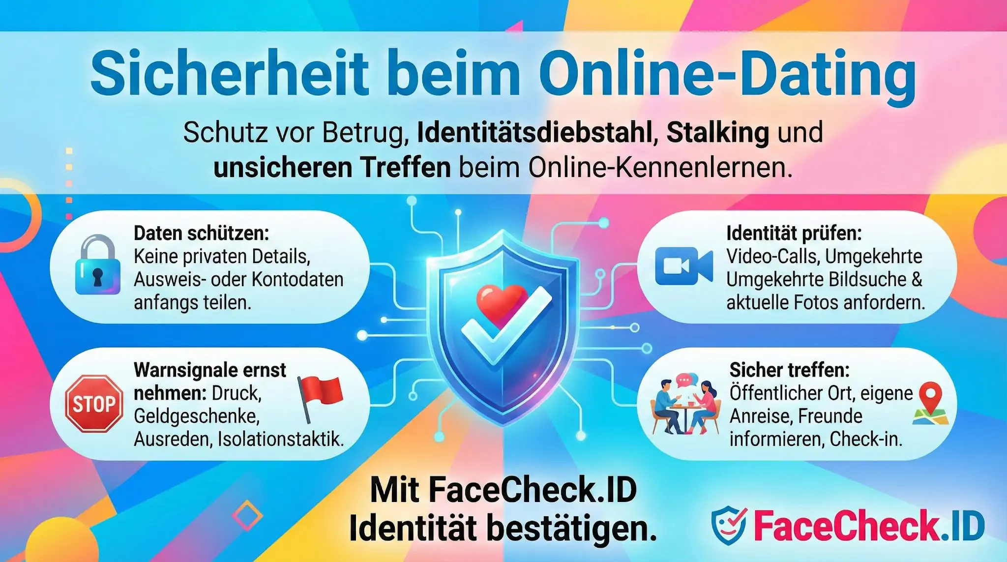 Infografik zu Sicherheit beim Online-Dating mit Tipps zu Datenschutz, Identitätsprüfung per Video-Call und sicheren Treffen an öffentlichen Orten.