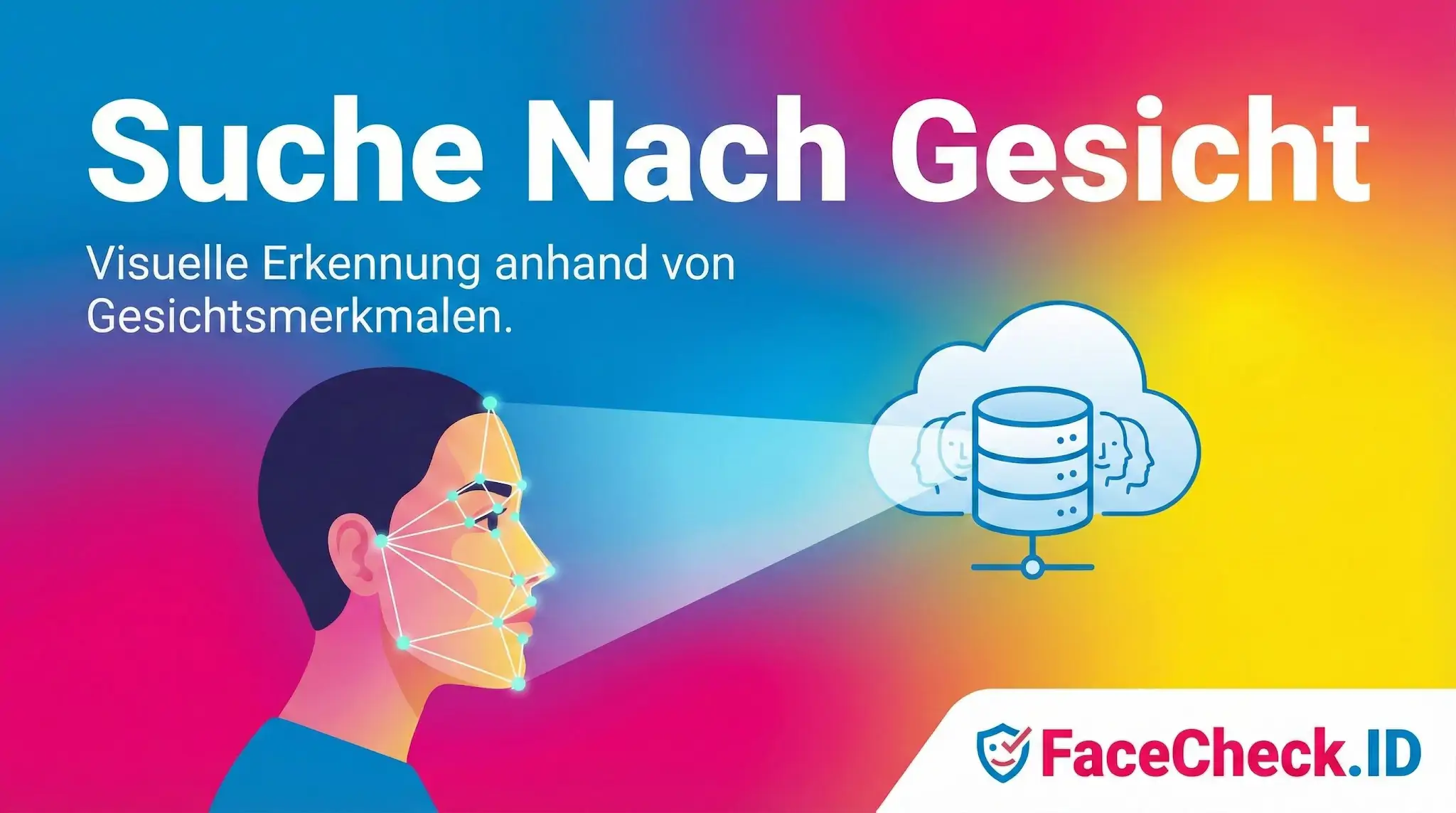 Grafik zur Funktion Suche Nach Gesicht: Ein Gesichts-Scan wird mit einer Datenbankwolke zur visuellen Erkennung abgeglichen.