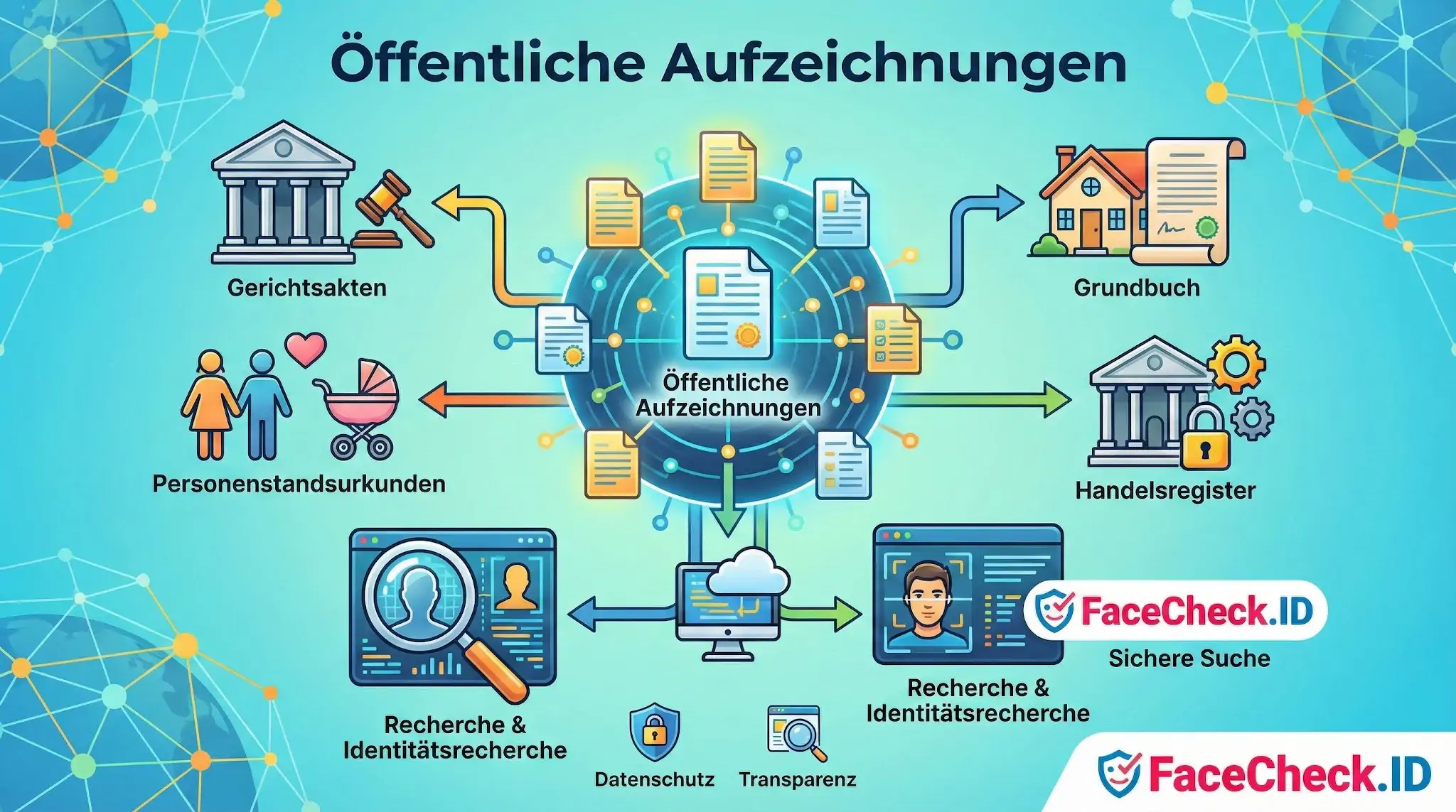 Öffentliche Aufzeichnungen Infografik zu Öffentliche Aufzeichnungen mit Quellen wie Gerichtsakten, Grundbuch und Personenstandsurkunden sowie Recherche-Tools.