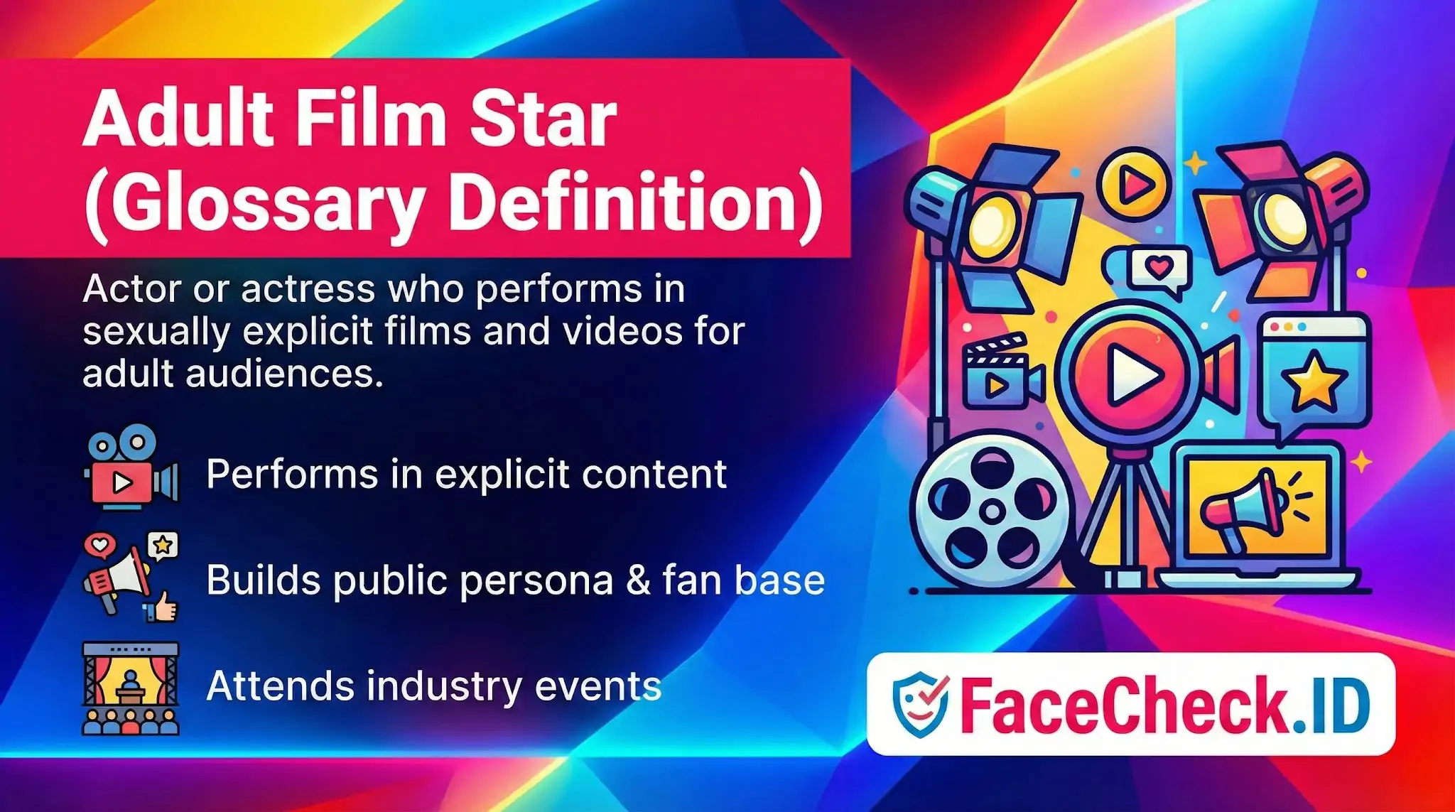 Glossary definition of an Adult Film Star, describing them as actors in explicit films who build fan bases and attend industry events.