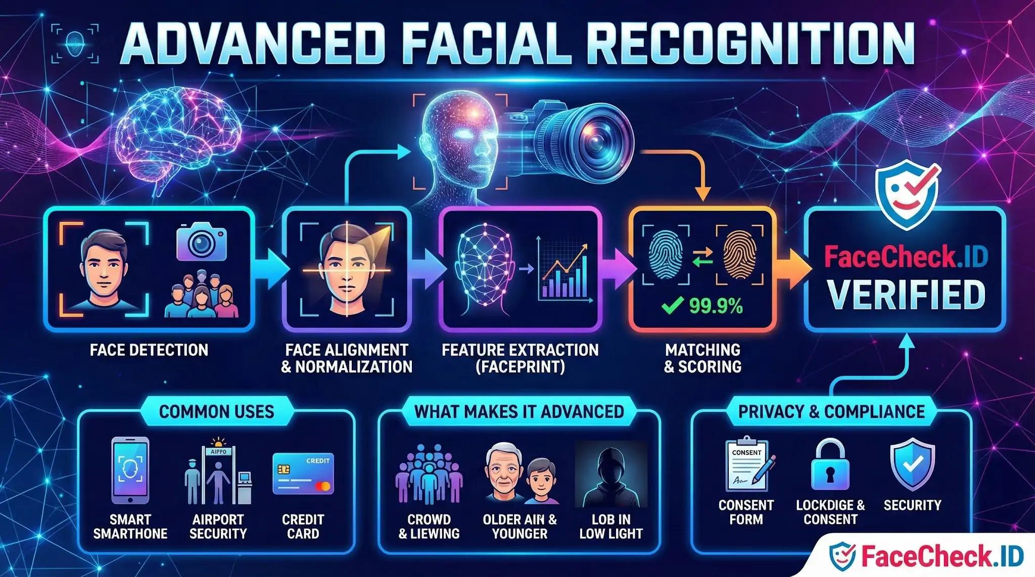 Advanced Facial Recognition workflow diagram showing steps from face detection to 99.9% matching, plus common uses and privacy features.