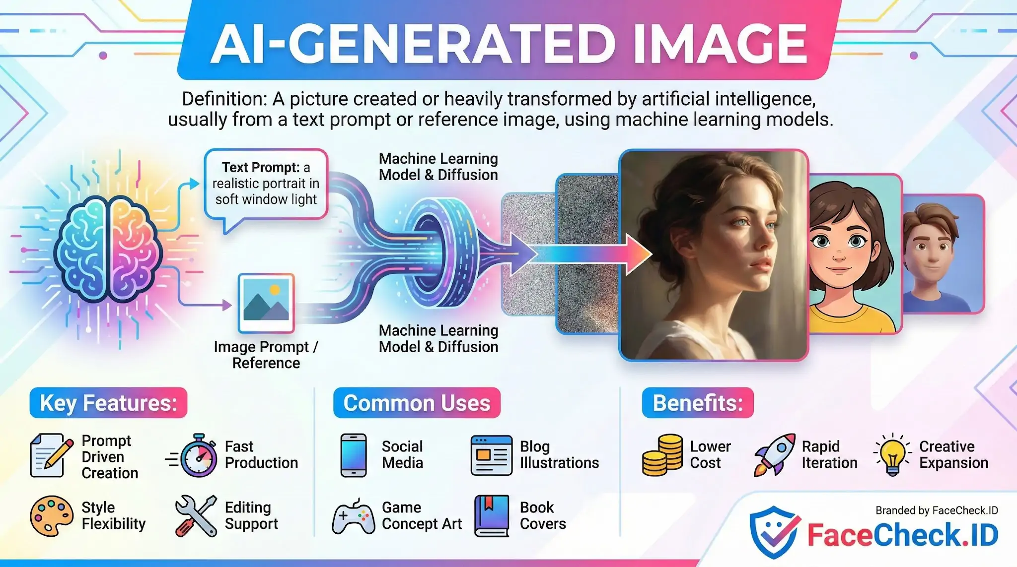 Infographic explaining an AI-generated image, showing the process from text or image prompts through diffusion models to final realistic or stylized outputs.