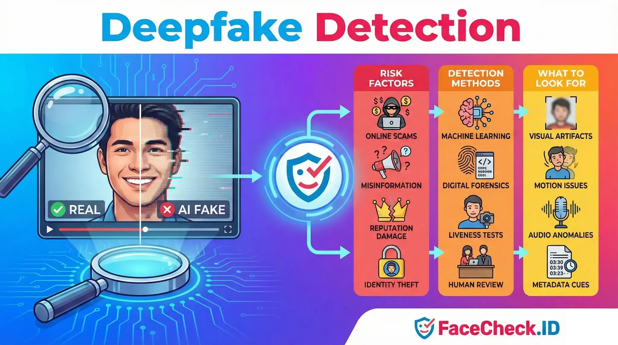 Infographic explaining Deepfake Detection, showing a split image of a mans face labeled Real and AI Fake, alongside risk factors and detection methods.