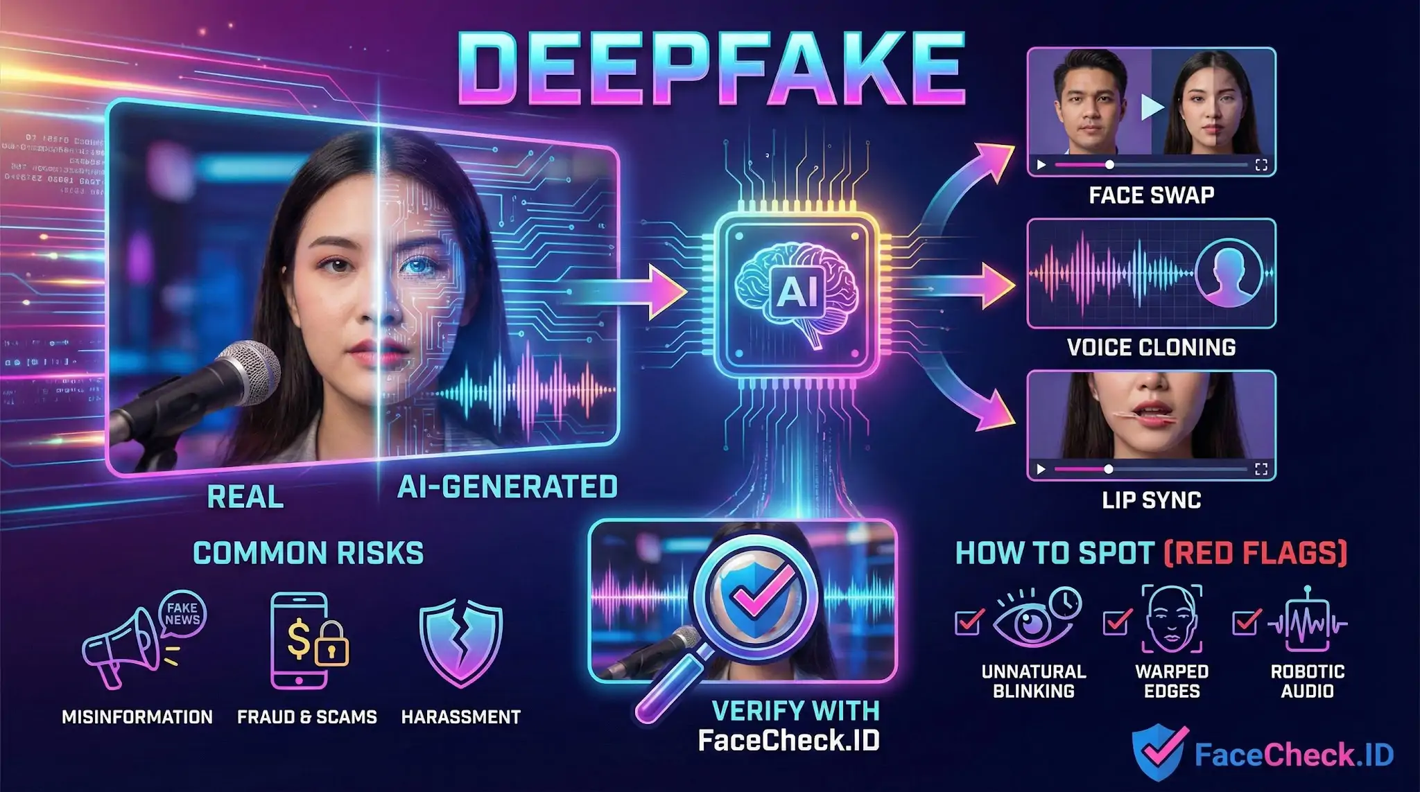 Deepfake technology infographic illustrating face swap, voice cloning, and lip sync, with tips to spot fake AI content.