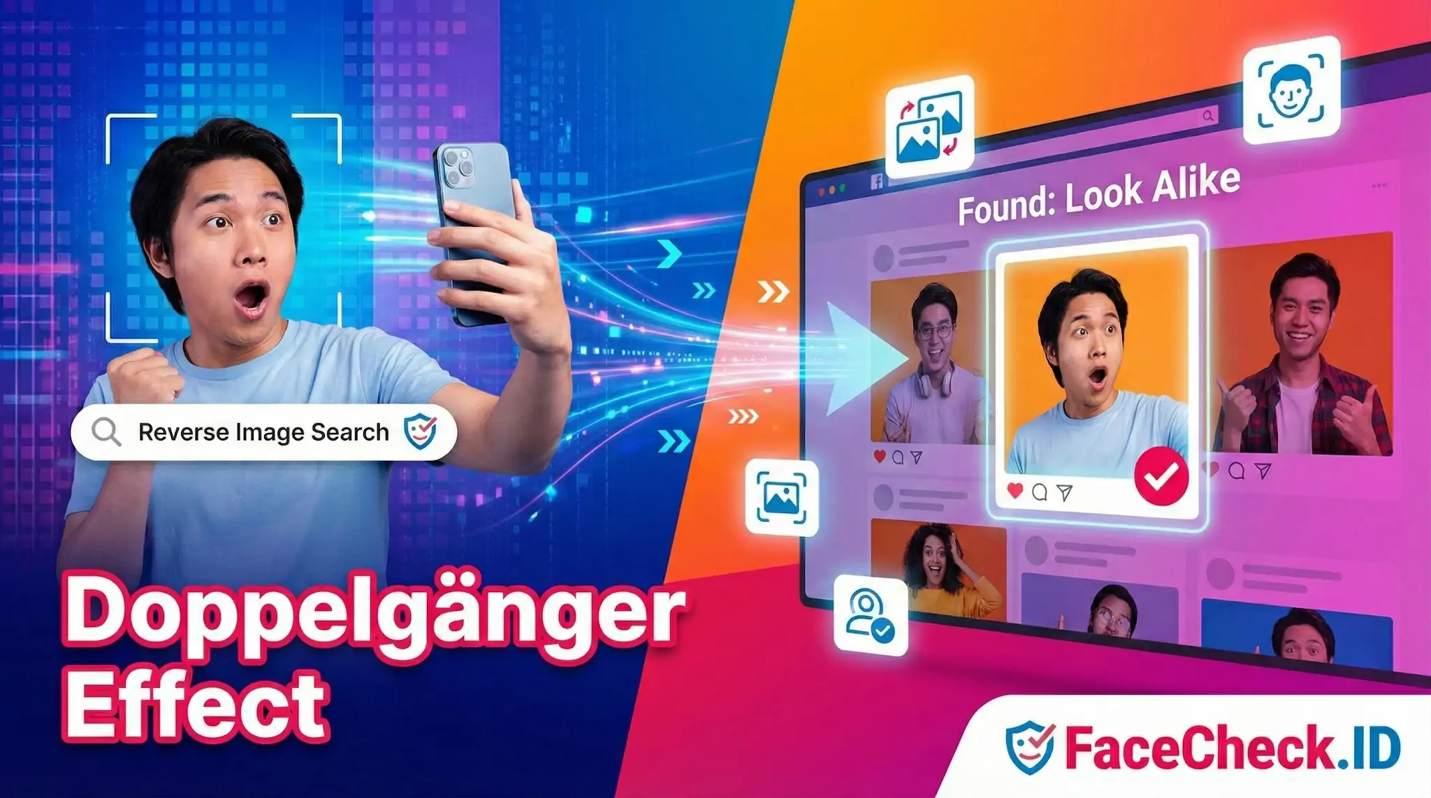 Doppelgänger Effect Surprised man uses reverse image search to find a look-alike match, demonstrating the Doppelgänger Effect on FaceCheck.ID.