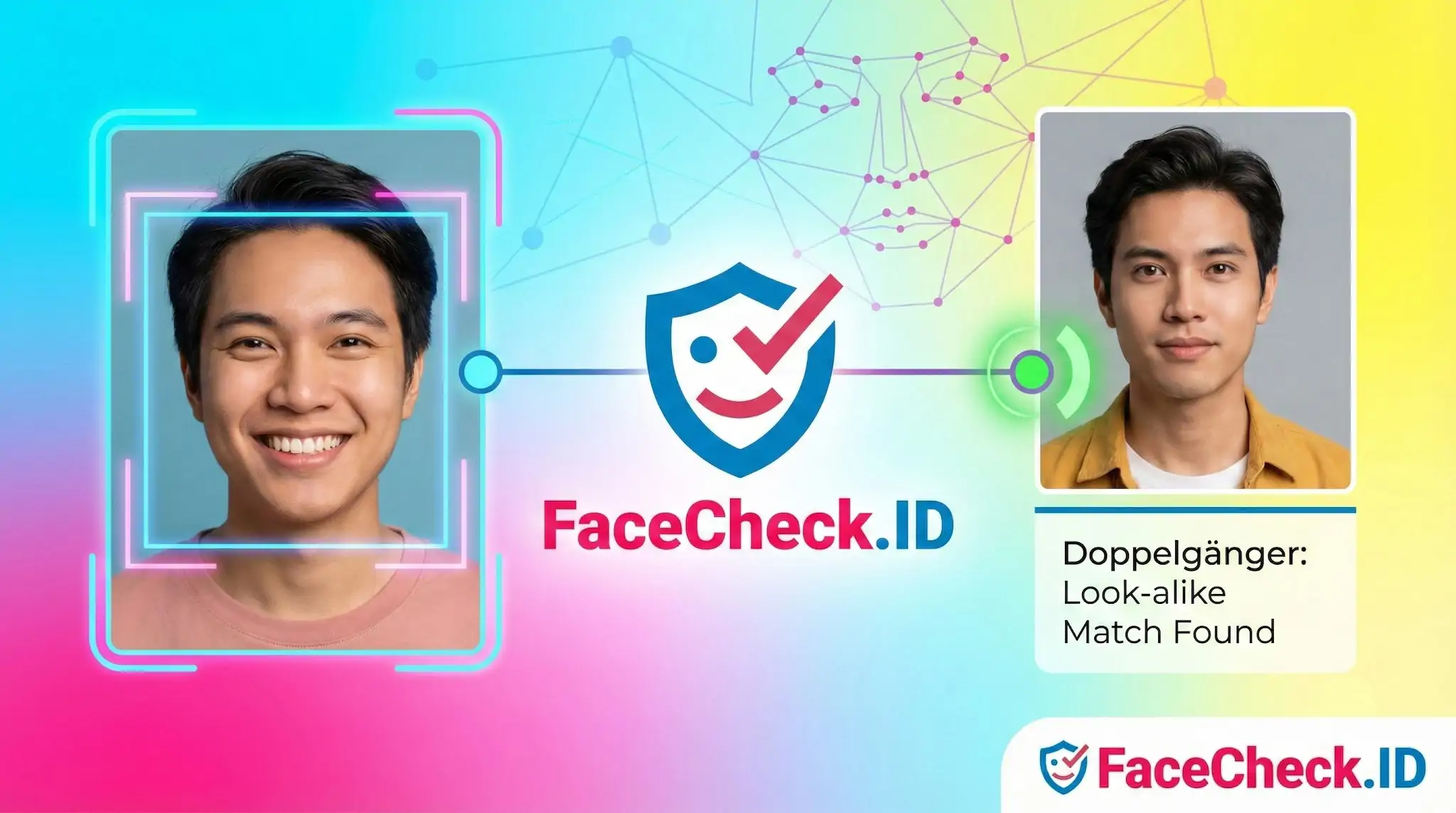 Doppelgänger FaceCheck.ID scanning a smiling mans photo to successfully identify a serious look-alike portrait as a Doppelgänger match.