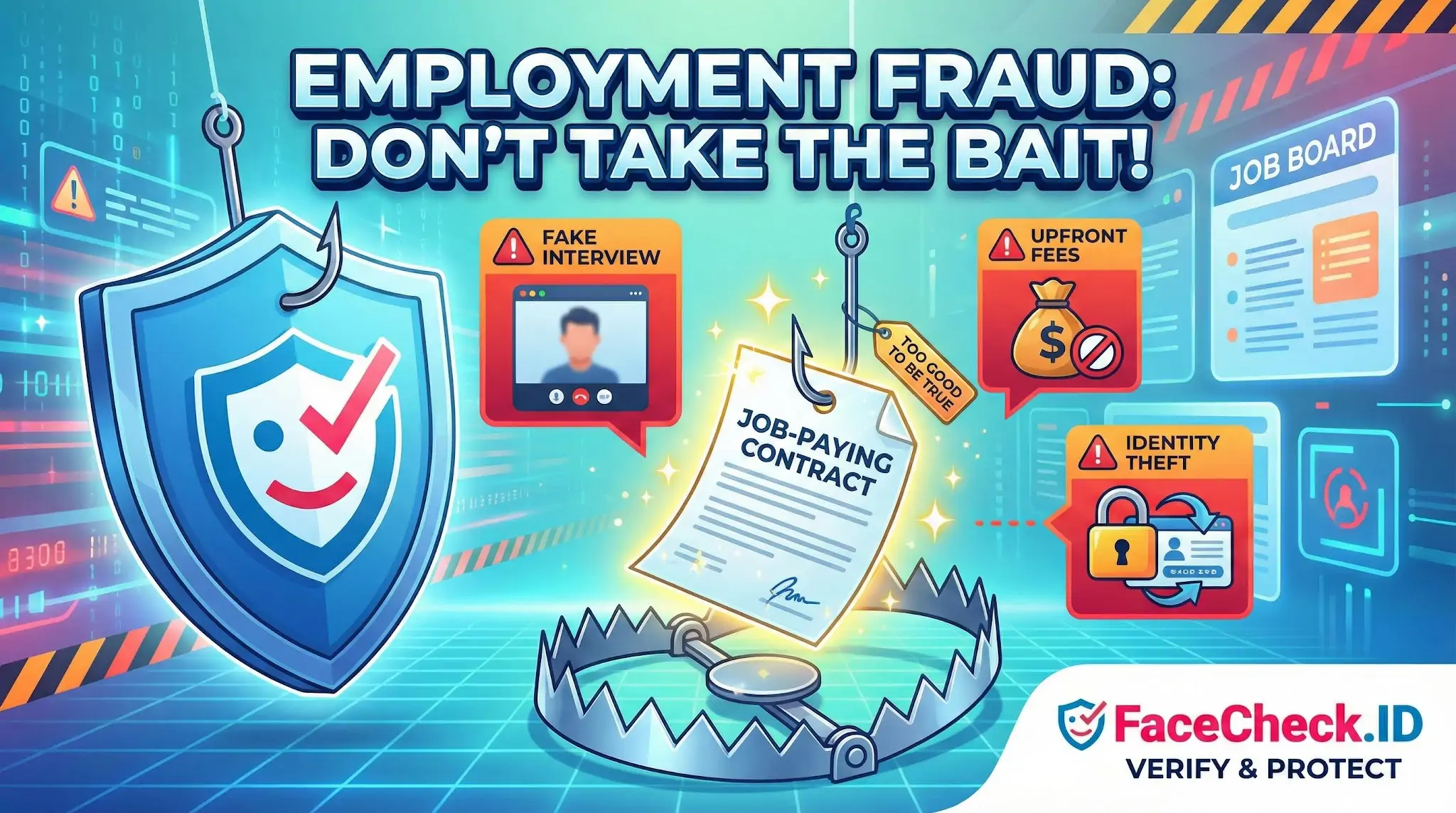 Infographic titled Employment Fraud: Dont Take The Bait showing a job contract as a lure over a bear trap, highlighting scam red flags.