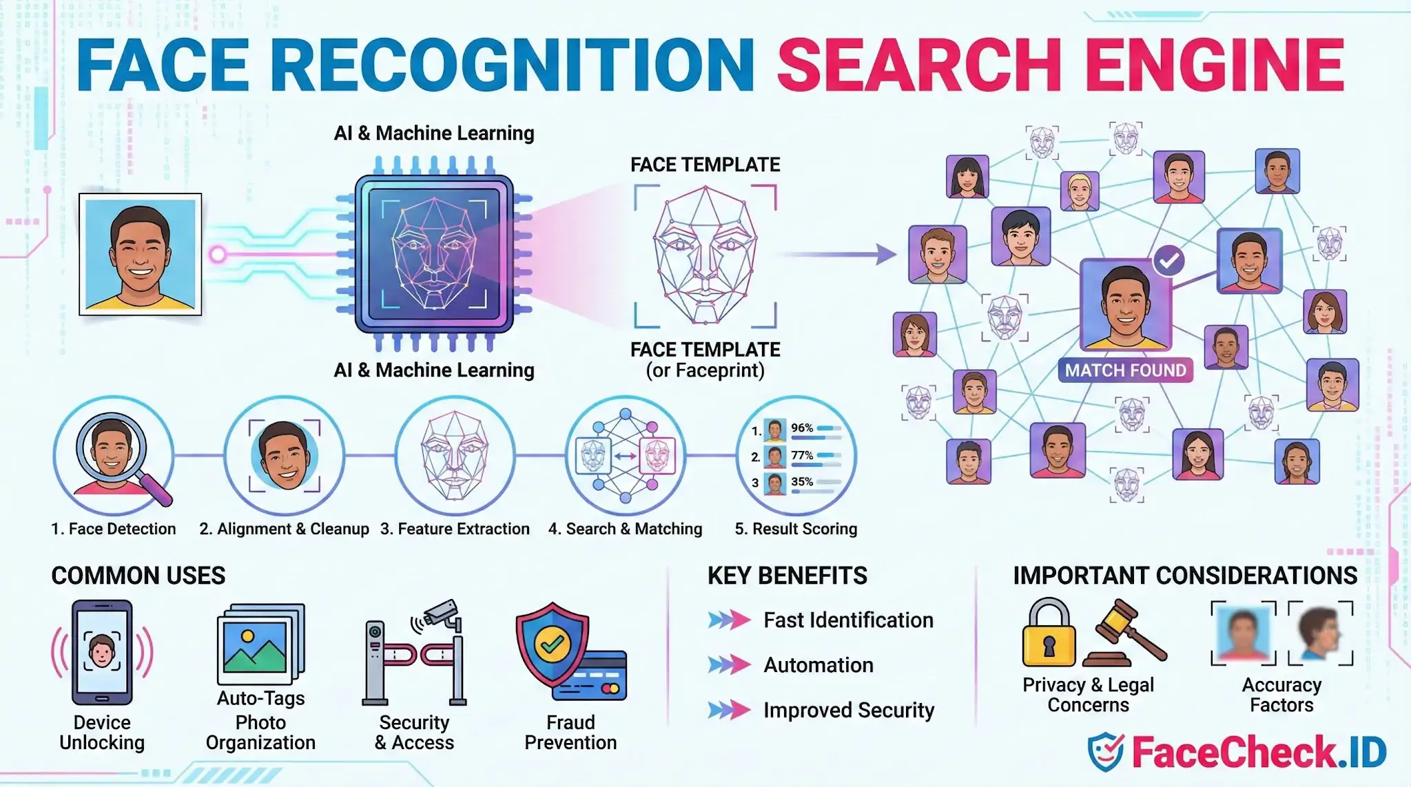 Infographic explaining how a face recognition search engine workflow uses AI for detection and matching, covering common uses, benefits, and privacy considerations.