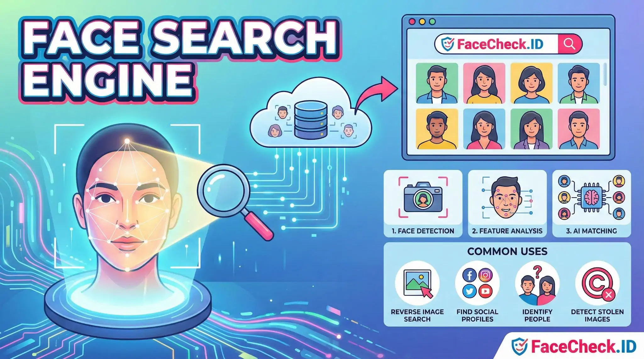 Flowchart showing how a face search engine uses AI to scan faces, analyze features, and match photos to online identities.