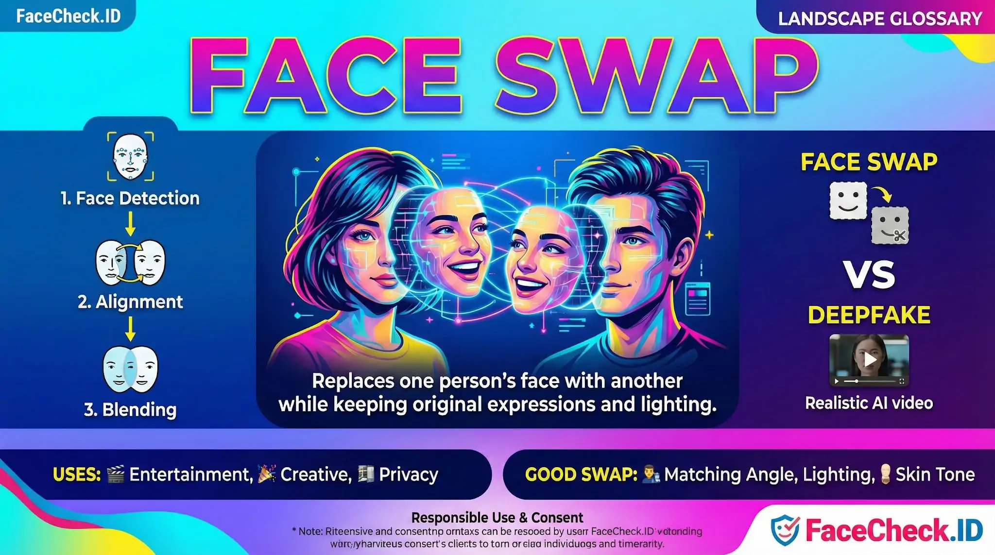 Face Swap infographic explaining the process of replacing faces while retaining expressions, covering detection, alignment, and blending steps.